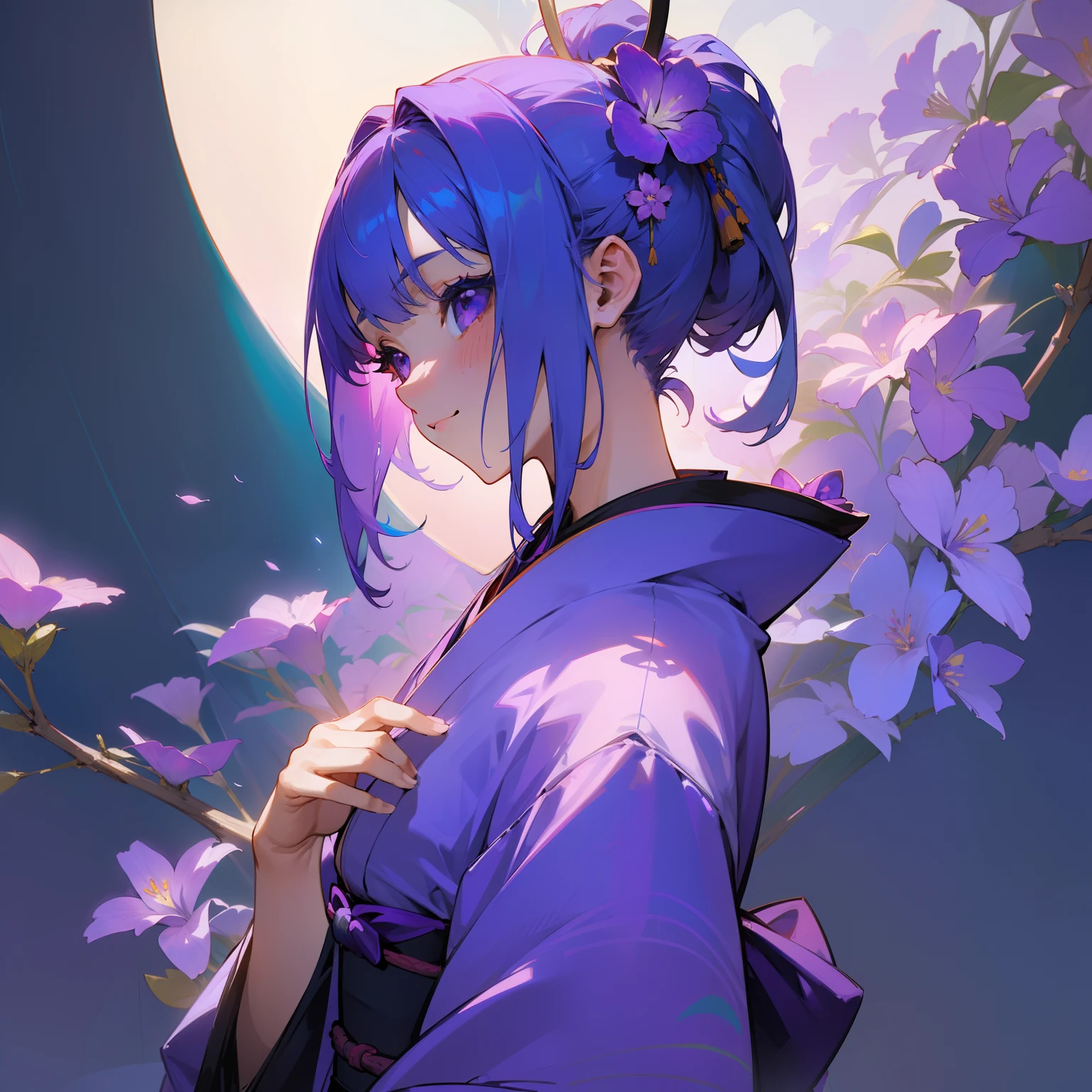 (Beautifully Aesthetic:1.2)、(1girl in:1.3)、(Purple and blue colorful hair:1.2)、Wearing a colorful kimono、Violet flowers、Fantastical、happiness