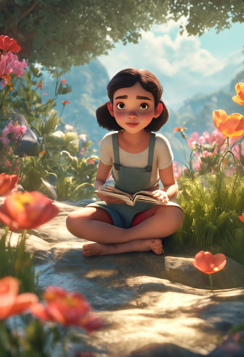 movie picture quality，Disney animation，Disney animated films，Chubby  girl sitting on a flying koi in the sky，Thick clouds at your feet，Short hair and small braids，Denim suspenders，The barefoot，depth of fields，high light，Real light，Ray traching，oc rendered，Hyper-realistic，best qualtiy，8K，Works of masters，super-fine，Detailed pubic hair，Correct anatomy，sharp focus on eyes，Bokeh，Facial features are carefully depicted