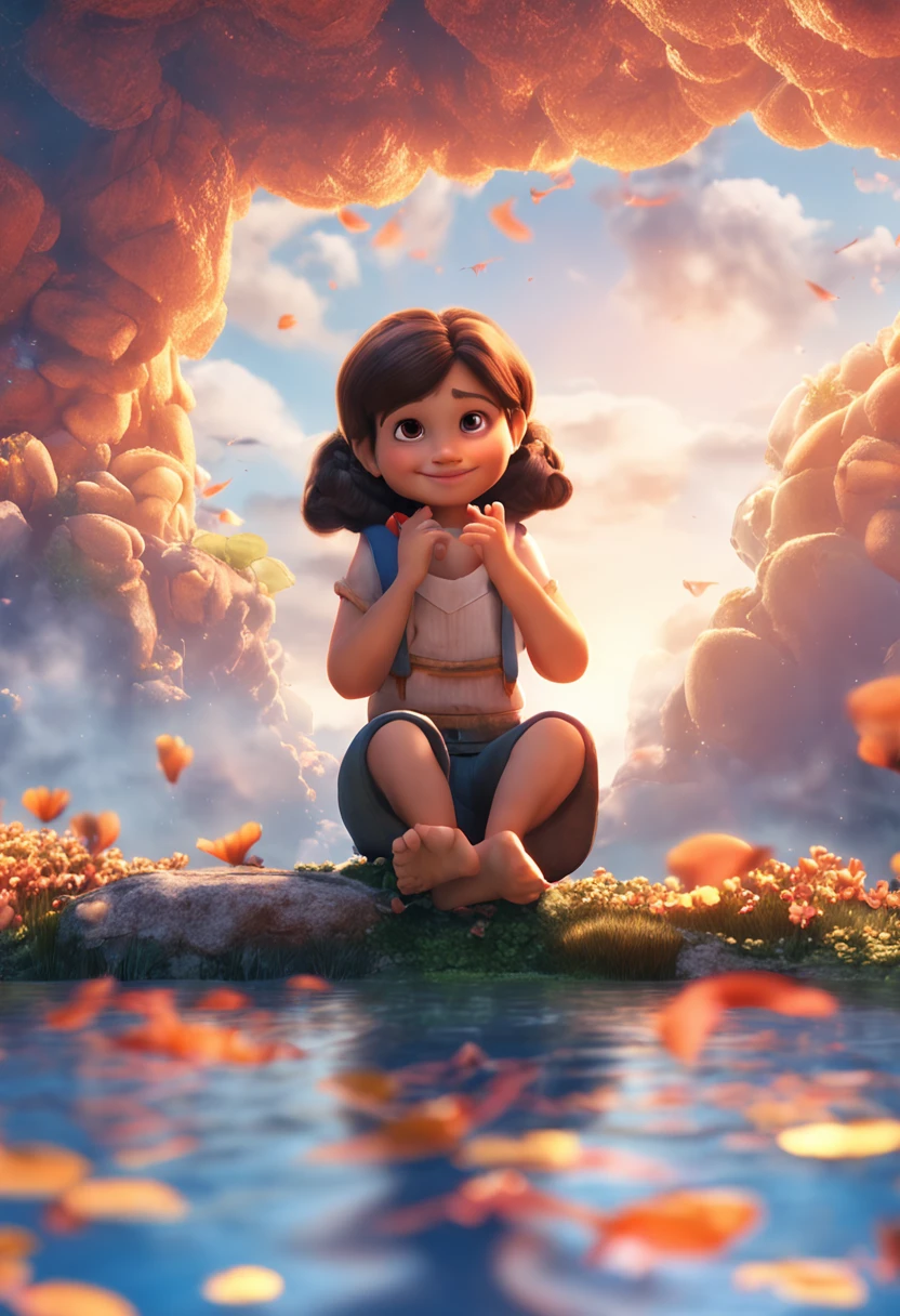 movie picture quality,Disney animation,Disney animated films,Chubby girl sitting on a flying koi in the sky,Thick clouds at your feet,Short hair and small braids,Denim suspenders,The barefoot,depth of fields,high light,Real light,Ray traching,oc rendered,Hyper-realistic,best qualtiy,8K,Works of masters,super-fine,Detailed pubic hair,Correct anatomy,sharp focus on eyes,Bokeh,Facial features are carefully depicted