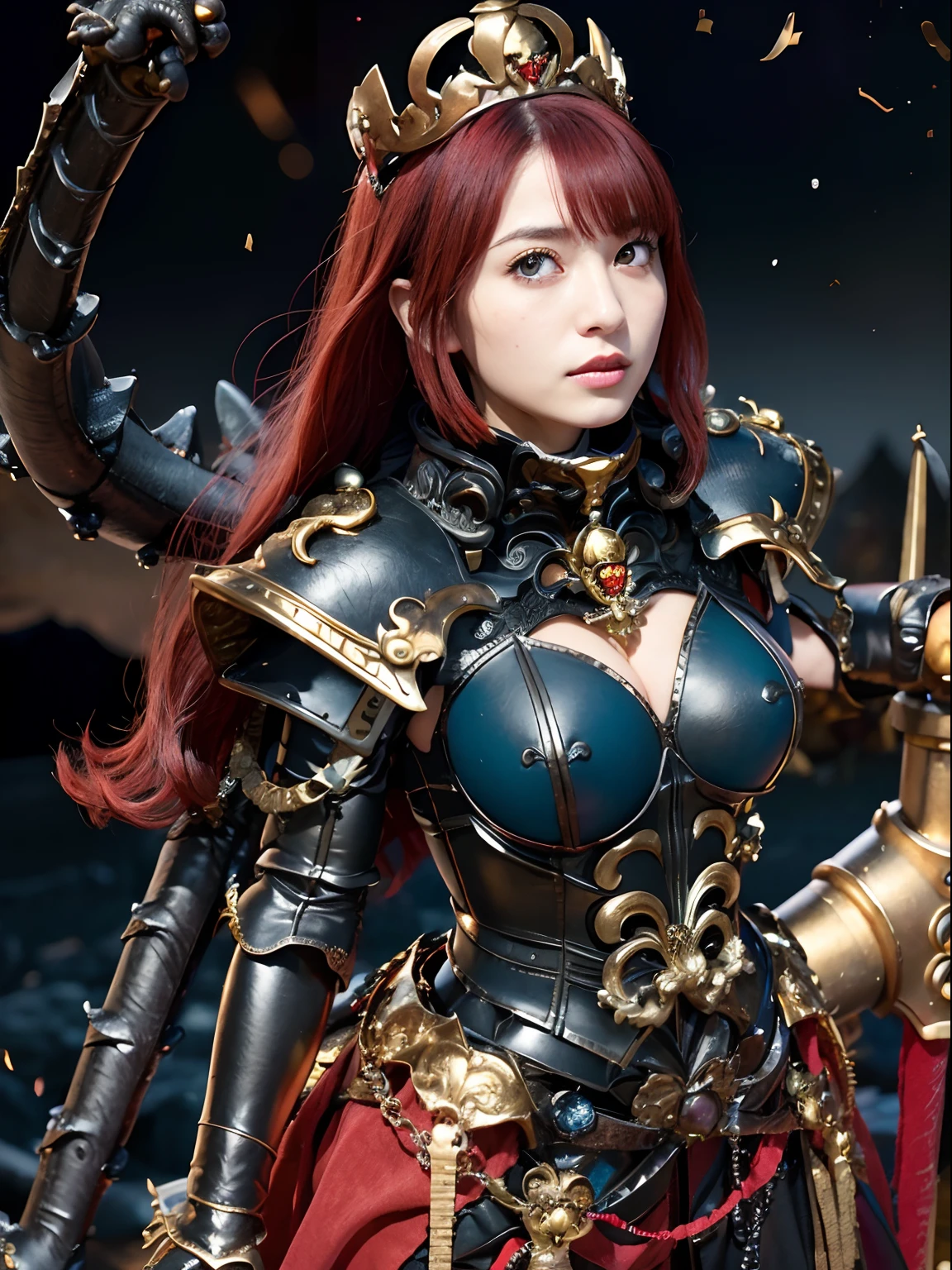 (masutepiece), Professional , masterpiece、top-quality、photos realistic , depth of fields 、(Dragon Black Metal Body:1.9),(Matte Blue Black、(cleavage of the breast)、Dragon Gold Weapon(Dragon Metal Body:1.4),Gorgeous gold weapons ,(( Dragon's dense and gorgeous sword)) , (demonic wings) ,warhammer 40k , adepta sororitas,Detail and gorgeous crown、((Red hair))、(Castle background)、((Gangle's forest background))、Beautiful Caucasian beauty、1a person、dynamic ungle,(((Detailed and ornate Black Dragon Crown)))、Smaller head、A smile、Castle background、Thin and beautiful female hands、cleavage of the breast、Soldier in iron armor on background、Mystical expression、Light Effects、intense fighting、Wind-effect、magic circles、With the legendary magic wand、Dragon's tail、