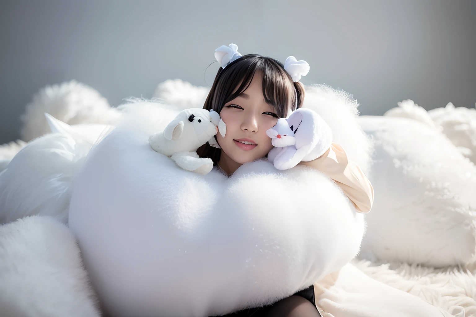 there is a woman sitting on the floor with a stuffed animal, ayaka cosplay, cosplay photo, taken with canon 8 0 d, taken with canon eos 5 d mark iv, plushie photography, with white fluffy fur, anime girl cosplay, taken with canon eos 5 d, twintails white_gloves, sitting in a fluffy cloud, captured on canon eos r 6