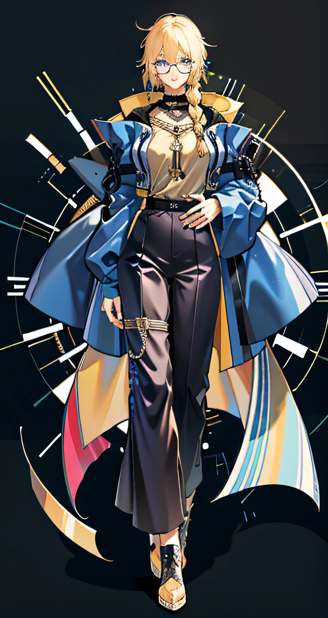 The shirt,long trousers,Coiled hair,blue color eyes,gold-wire glasses,With earrings,Facial paralysis,quadratic element,Half-body diagram,college aged,