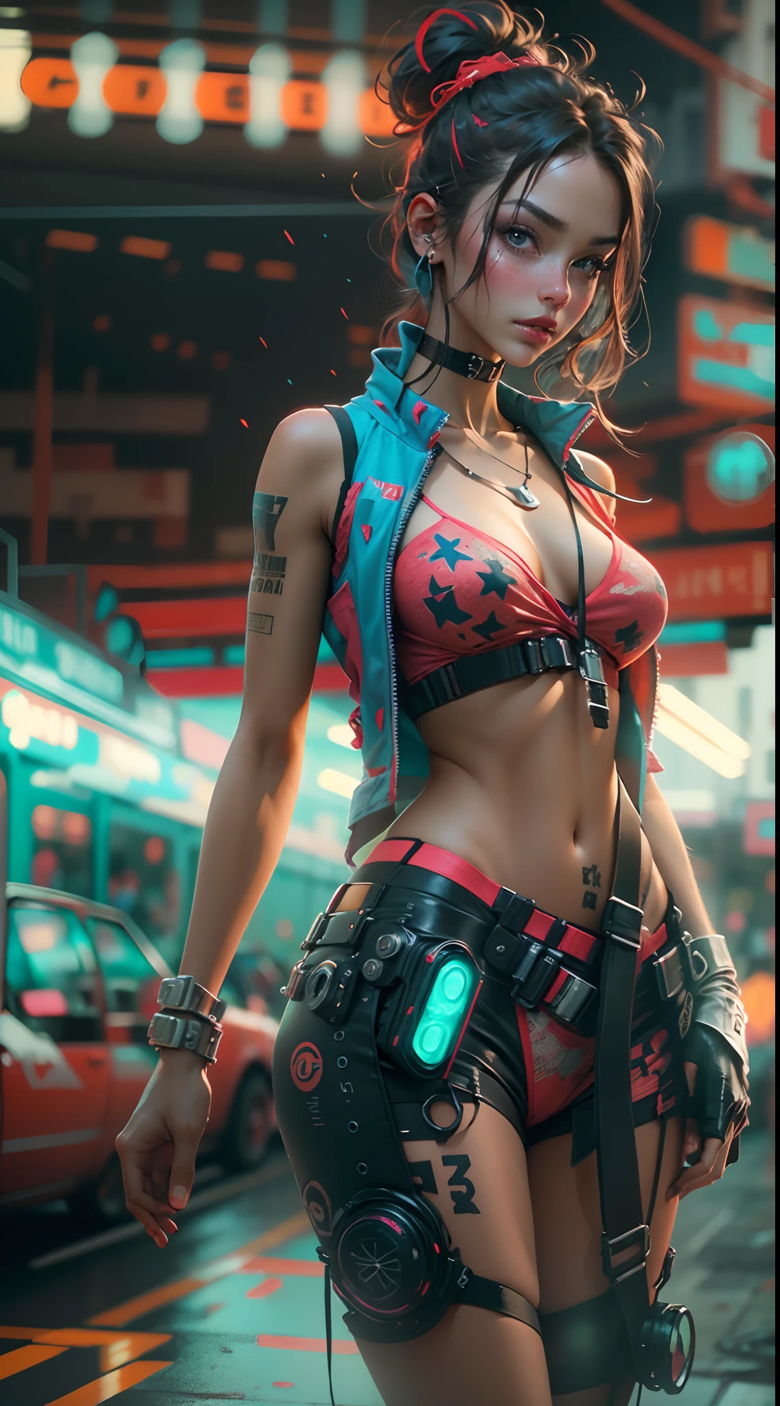 motor irreal:1.4,CG ultra realista 64K, fotorrealista:1.4, textura de la piel:1.4, obra maestra:1.4,posing behind Beautiful woman with babydoll lingerie、Ropa corta estilo cyberpunk color amarillo, pantimedias red , Mini falda azul,