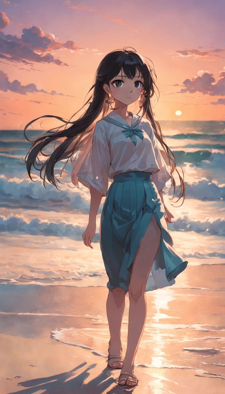 best qualtiy，tmasterpiece，超高分辨率，（真实感：1.4），RAW photogr，warm lights，The sea and the beach，1girll，Walking on the beach，White color blouse，Short pink skirt，sandals，the setting sun，cabelos preto e longos，（Slim，Dignified，shyexpression），Beautiful  girl，Beautiful goddess，Detailed scenes, Beautiful digital illustration, the detail，Hyper-detailed, Cinematic quality，((From below))