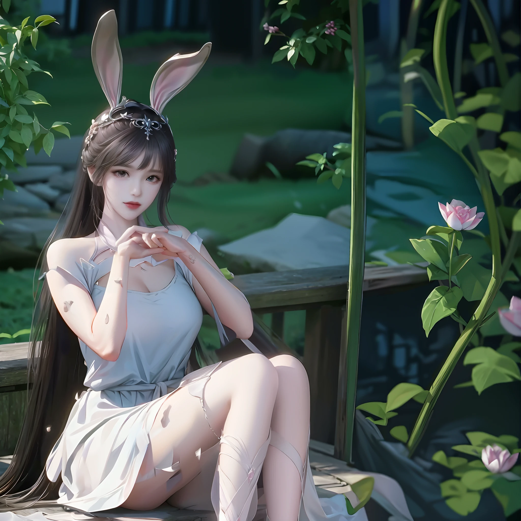 xiaowu,1girl,mature woman,masterpiece,mistress,goddess,rabbit ears,sitting,cross-legged,arm-folding,masterpiece,exquisite,