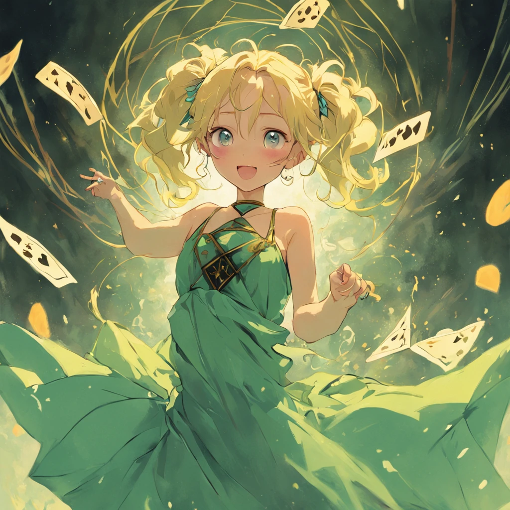 Blonde girl with double ponytail，green color，Faint blue eyes，Black belly，Bare legged，Delicate and sophisticated dress，Tarot cards in hand，Stick out her tongue，Smile playfully，full bodyesbian，The calves are tied with ribbons，Butterflies flutter around，Treading barefoot in the water