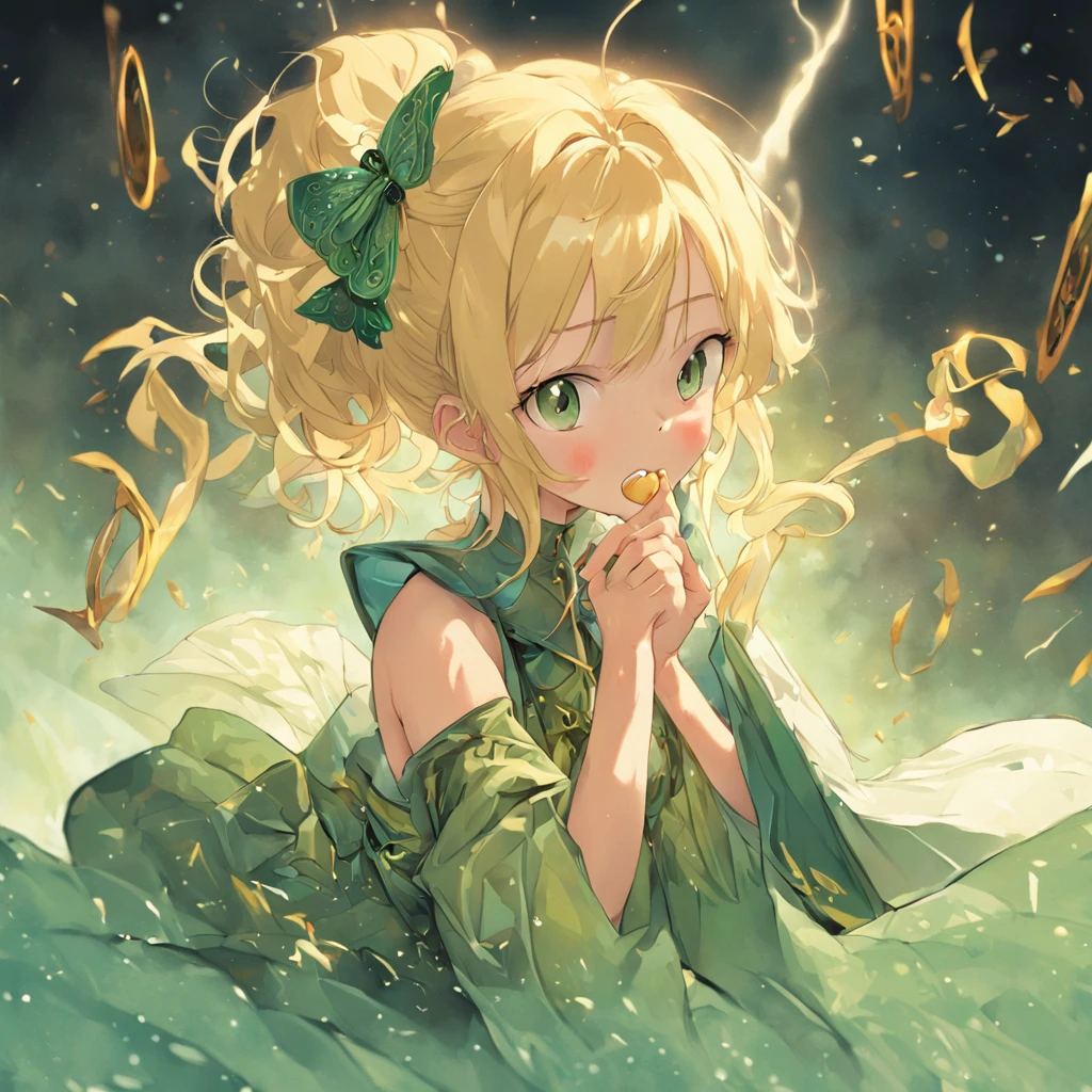 Blonde girl with double ponytail，green color，Faint blue eyes，Black belly，Bare legged，Delicate and sophisticated dress，Tarot cards in hand，Stick out her tongue，smiling playfully，full bodyesbian，The calves are tied with ribbons，Butterflies flutter around，Treading barefoot in the water