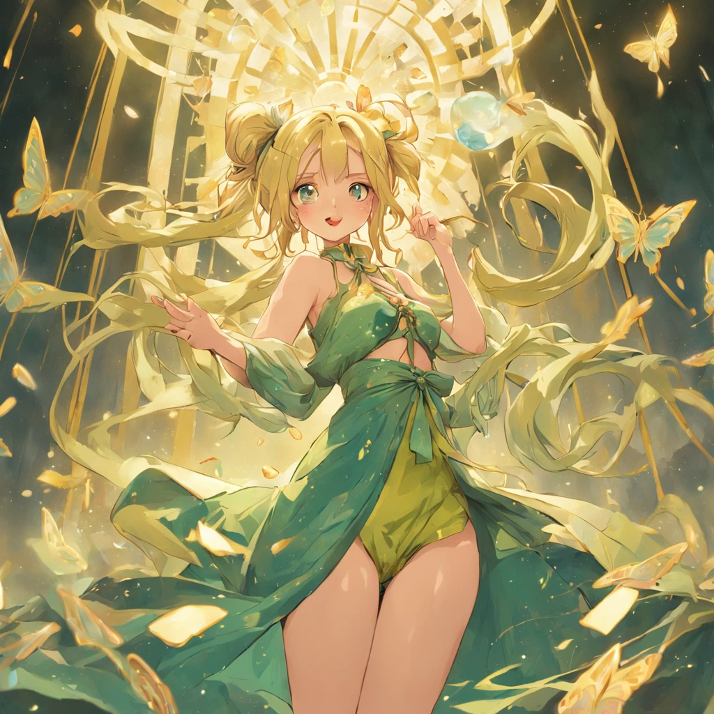Blonde girl with double ponytail，green color，Faint blue eyes，Black belly，Bare legged，Delicate and sophisticated dress，Tarot cards in hand，Stick out her tongue，smiling playfully，full bodyesbian，The calves are tied with ribbons，Butterflies flutter around，Treading barefoot in the water