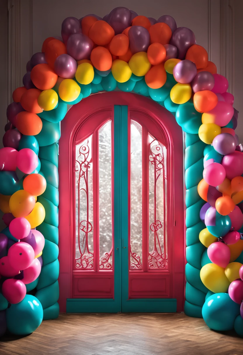 Arched doors made up of balloons,a color,White background