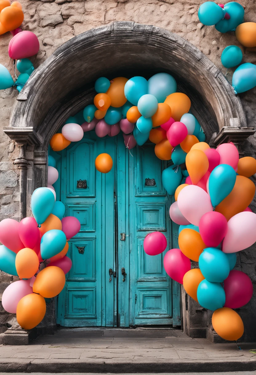 Arched doors made up of balloons,a color,White background