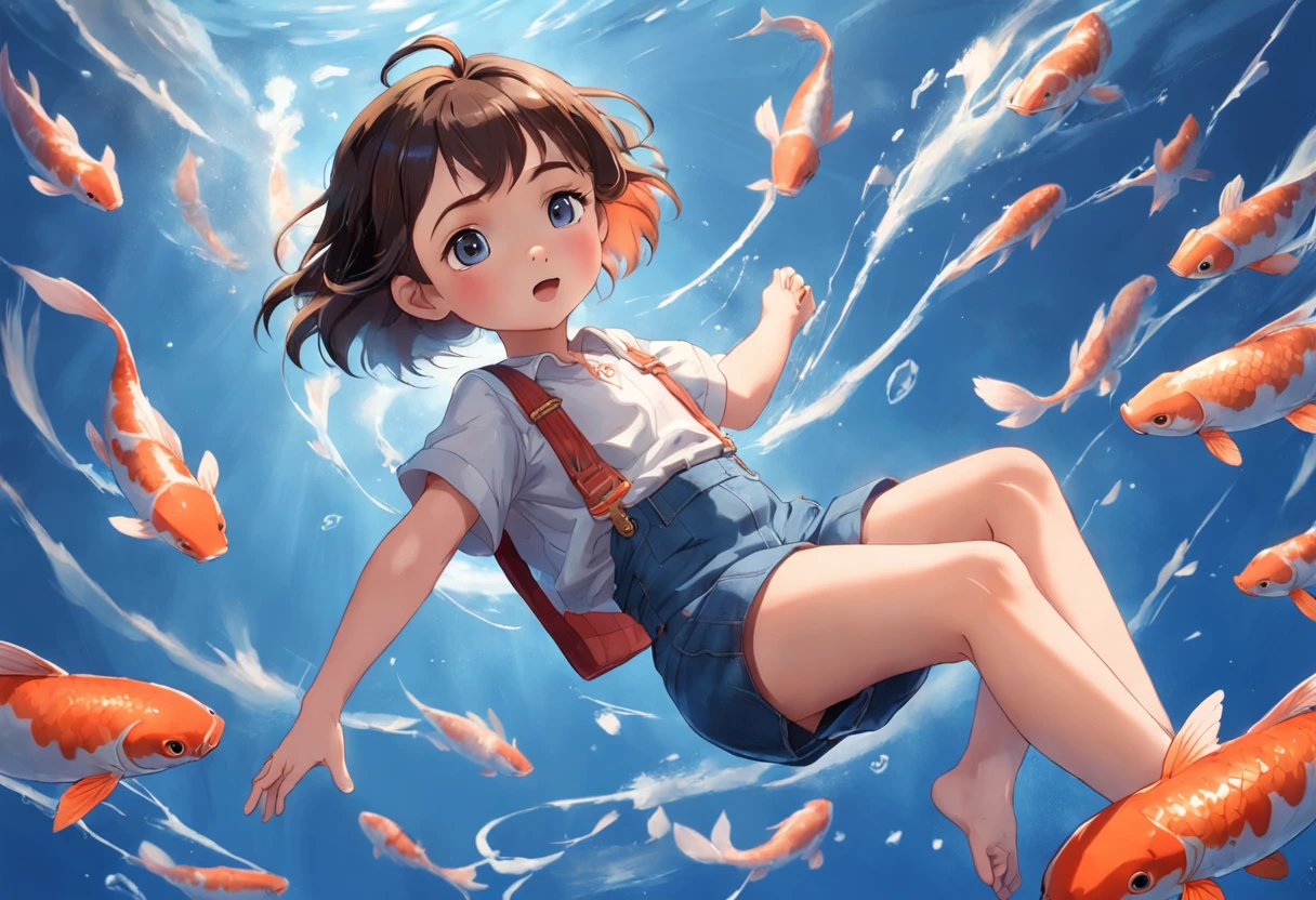 movie picture quality，Disney animation，Disney animated films，Little girl sitting on a giant koi flying in the sky，Thick clouds，Short hair and small braids，Denim suspenders，The barefoot，depth of fields，high light，Real light，Ray traching，oc rendered，Hyper-realistic，best qualtiy，8K，Works of masters，super-fine，Detailed pubic hair，Correct ???????，sharp focus on eyes，Bokeh，Facial features are carefully depicted