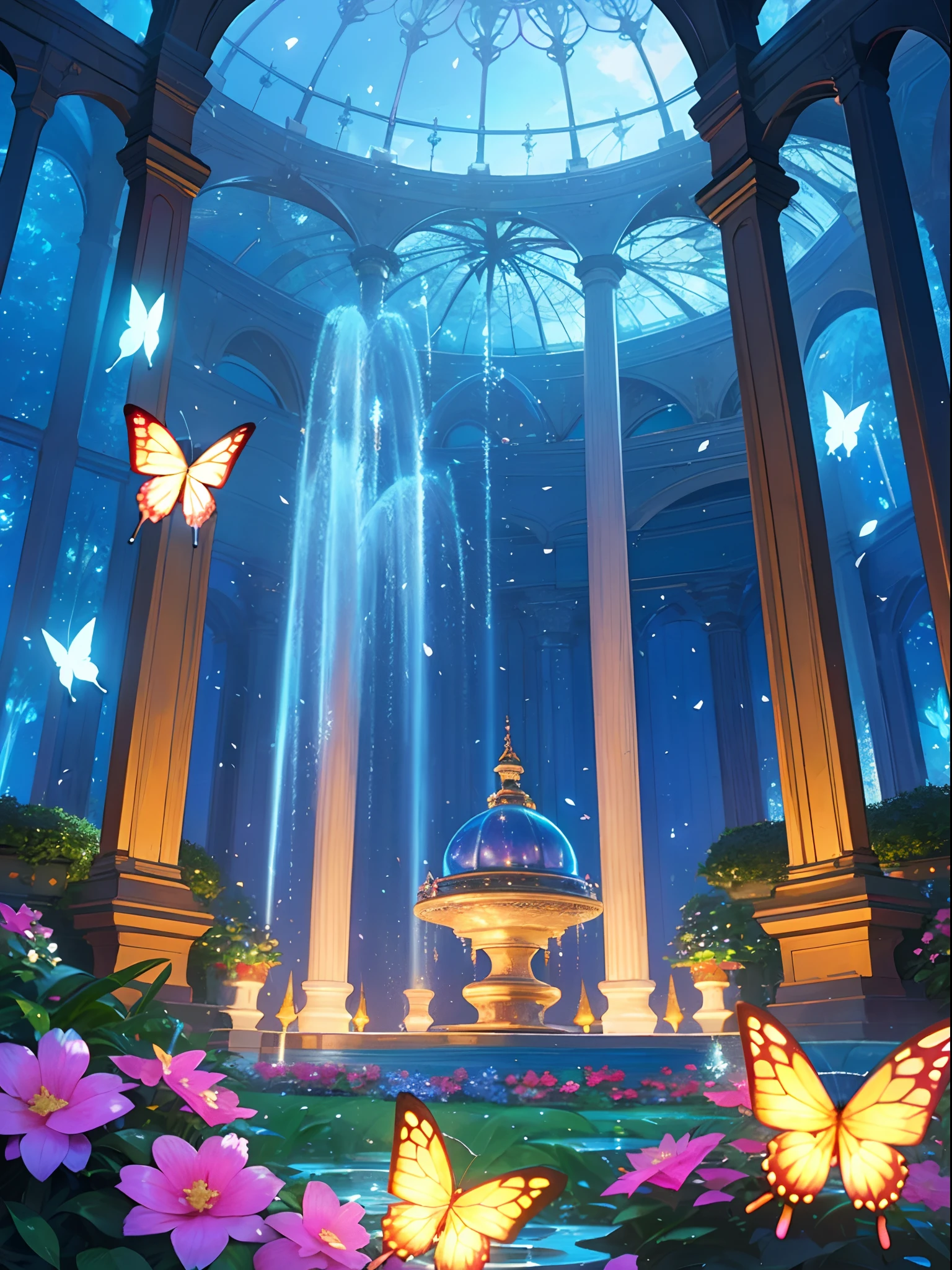 (top quality, masterpiece, ultra-realistic), night, starry skies, magical indoor botanical garden, dome, sparkling water fountain, lots of flowers, glowing butterflies, background landscape is a garden with petals and papas flying around. --v6