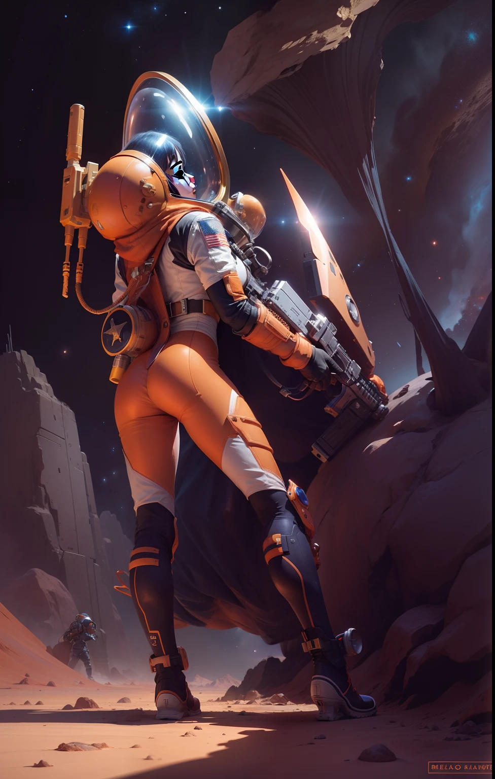 space girl in orange space suit, reloading her weapon after killing a space dragon, on a near lifeless alien desert planet.
