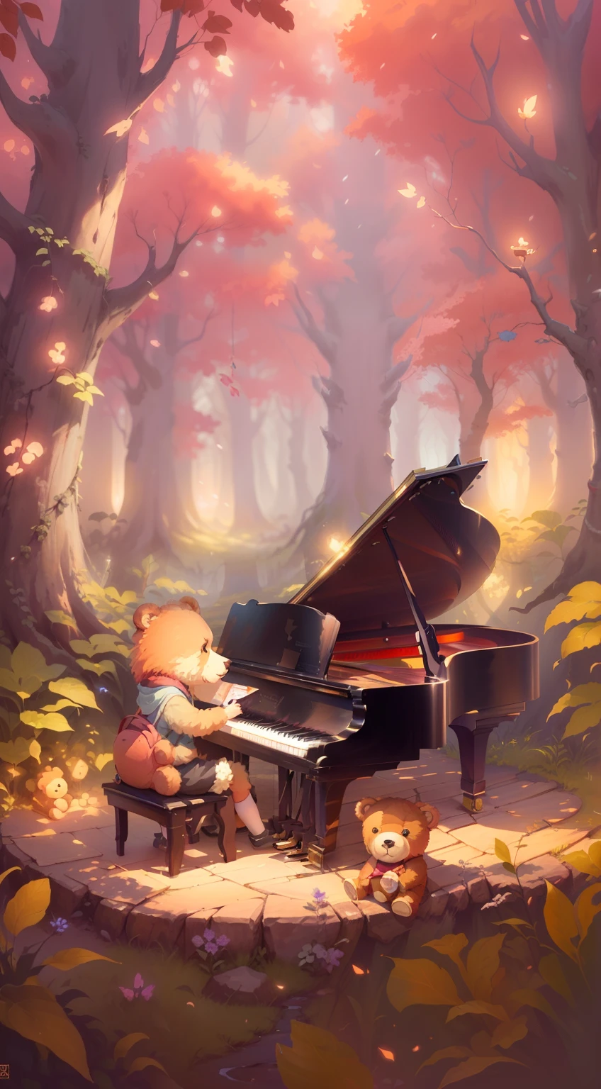 On a bench in the woods sits a piano and a teddy bear, Official artwork, Pianist, official fanart, Game illustration, piano, background artwork, Mobile game art, Detailed fanart, Relaxing concept art, playing harp in magical forest, musician, cute artwork, Play the piano, in style of atey ghailan, Fanart, Cute detailed digital art, Lofi art