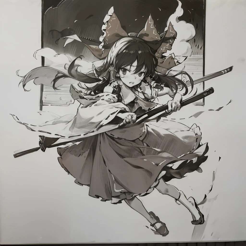 monochrome,masterpiece, best quality, illustration,
(hakurei reimu),