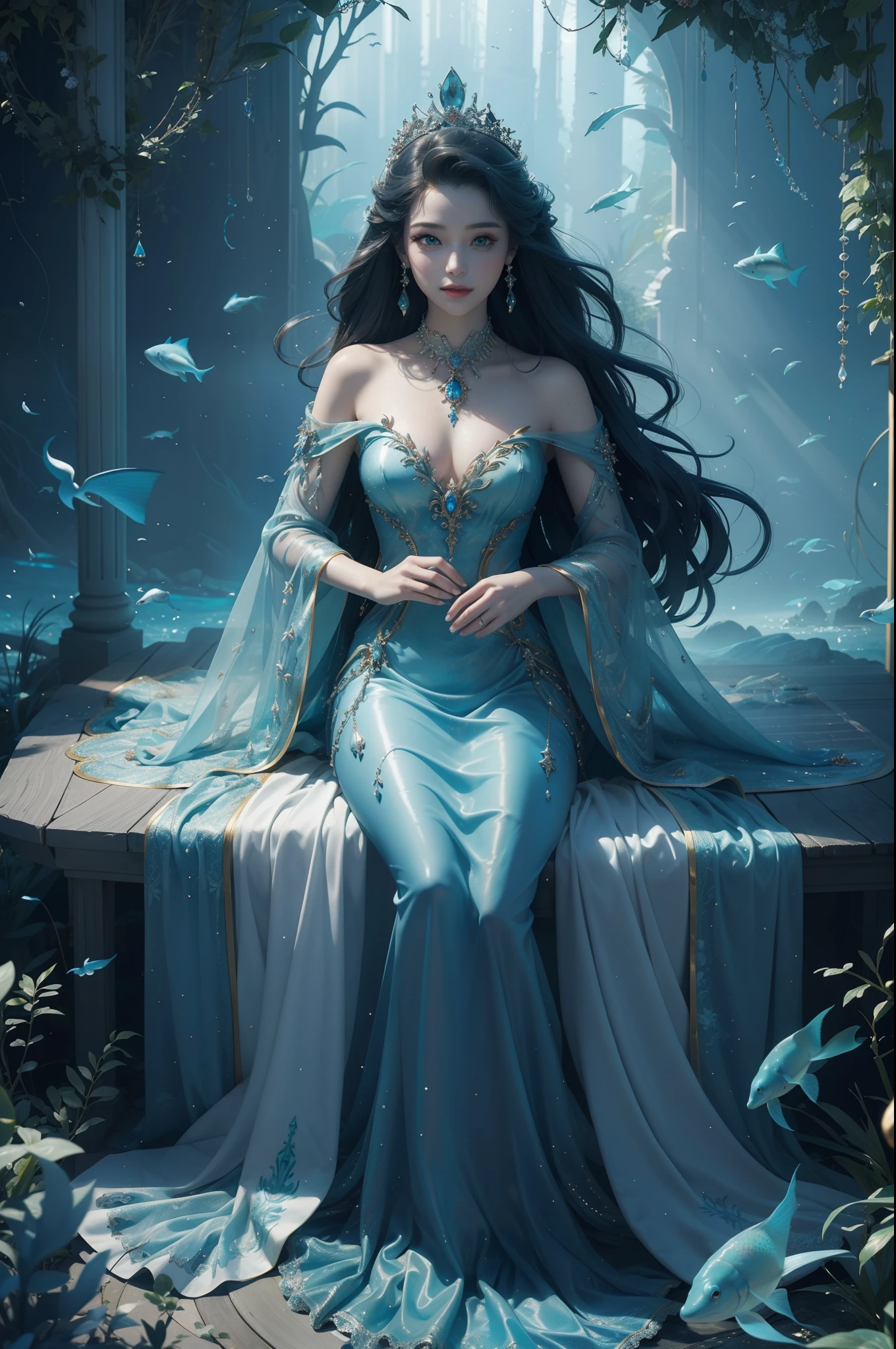Little mermaid、((top-quality、​masterpiece、photographrealistic:1.4、8K))、Beautuful Women、Beautiful expression、extremely detailed eye and face、beatiful detailed eyes、Little Mermaid、（Mysterious and natural dress）、（In a magical palace at the bottom of the deep sea、Draw a picture of the Little Mermaid sitting on a jeweled throne。Beautiful marine life swims around her、The inside of the palace is filled with a mysterious light。）、Cinematic lighting、Textured skin、Super Detail、high detailing、High quality、hight resolution、Looking at Viewer、Elegant smile、Full body、Tropical Fish