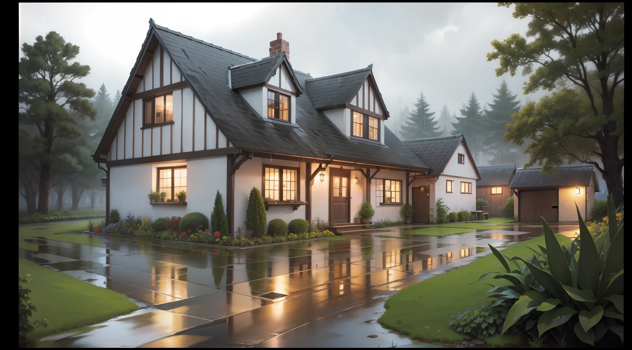 Country cottage on a rainy day