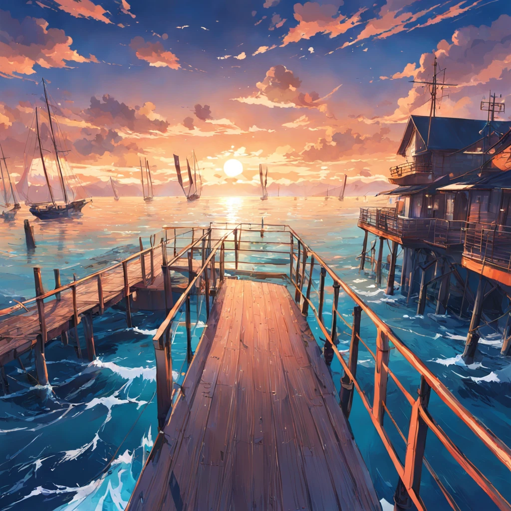 8K, best quality, masterpiece, scenery,Pier,Wharf, sea, seaside, power poles, reefs by the sea,Sailing boats, seagulls,panoramic view, Blue sky, sunset, evening