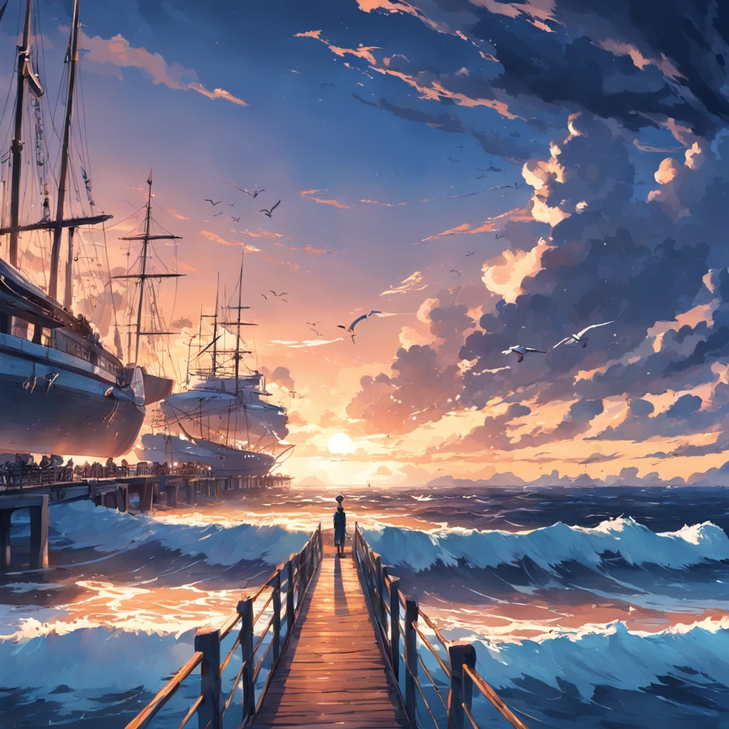 8K, best quality, masterpiece, scenery,Pier,Wharf, sea, seaside, power poles, reefs by the sea,Sailing boats, seagulls,panoramic view, Blue sky, sunset, evening