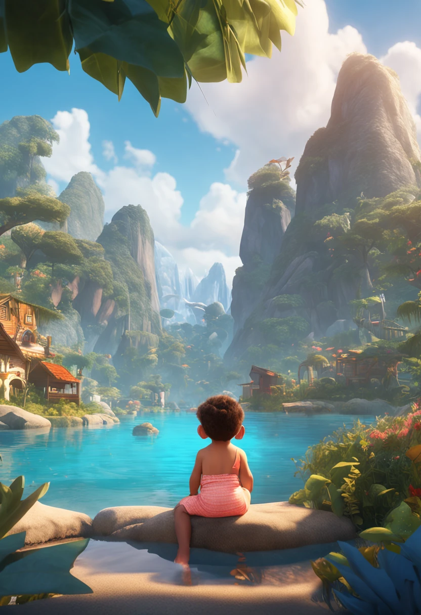 movie picture quality,Disney animation,Disney animated films,Chubby little baby girl sitting on a giant koi,Thick clouds under your feet,Short hair and small braids,Denim suspenders,The barefoot,depth of fields,high light,Real light,Ray traching,oc rendered,Hyper-realistic,best qualtiy,8K,Works of masters,super-fine,Detailed pubic hair,Correct anatomy,sharp focus on eyes,Bokeh,Facial features are carefully depicted