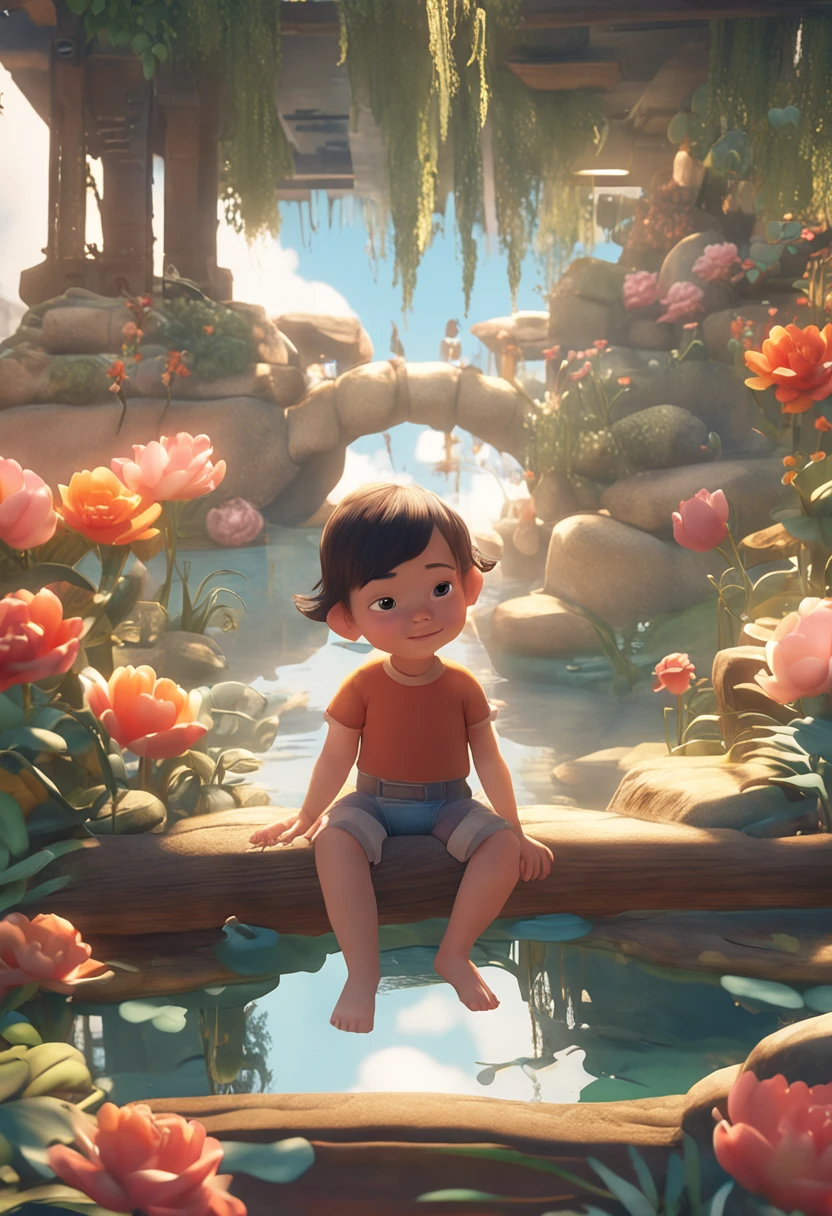 movie picture quality，Disney animation，Disney animated films，Chubby  girl sitting on a giant koi，Thick clouds under your feet，Short hair and small braids，Denim suspenders，The barefoot，depth of fields，high light，Real light，Ray traching，oc rendered，Hyper-realistic，best qualtiy，8K，Works of masters，super-fine，Detailed pubic hair，Correct anatomy，sharp focus on eyes，Bokeh，Facial features are carefully depicted