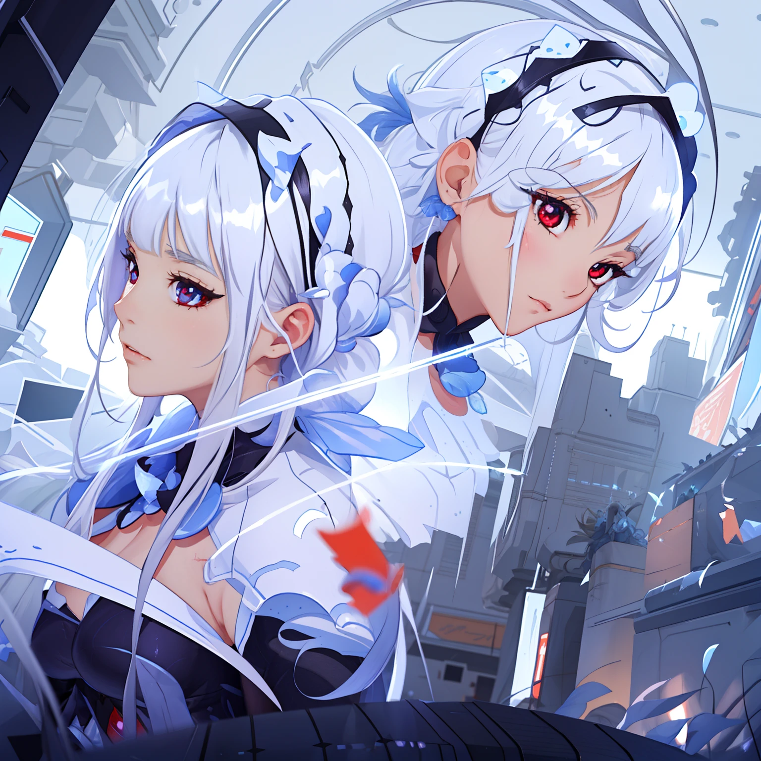 ((Best quality)), ((Masterpiece)), ((Ultra-detailed)), (illustration), (Detailed light),A young girl,Dramatic perspective,long  white hair,The back of the red pupil