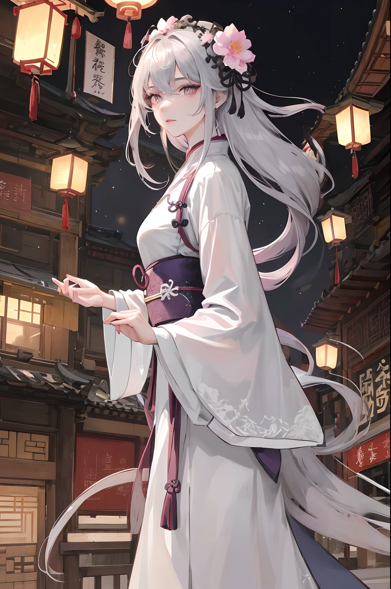 Masterpiece, Best quality, Night, full moon, 1 girl, Mature woman, Chinese style, Ancient China, Sisters, Royal Sisters, Grim expression, Faceless, Silver white long haired woman, Light pink lips, calm, Intellectual, tribelt, Gray pupils, assassins, Flower lanterns, holding lantern, flower ball background, Stroll through the street landscape