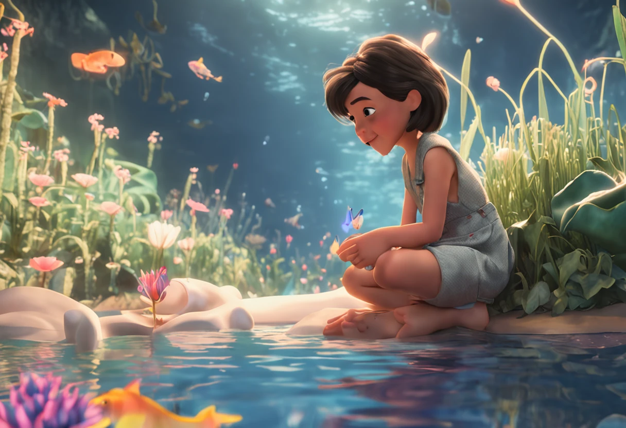 movie picture quality,Disney animation,Disney animated films, sitting on a koi swimming in the clouds of the sky,Short hair and small braids,Denim suspenders,The barefoot,depth of fields,high light,Real light,Ray traching,oc rendered,Hyper-realistic,best qualtiy,8K,Works of masters,super-fine,Detailed pubic hair,Correct anatomy,sharp focus on eyes,Bokeh,Facial features are carefully depicted