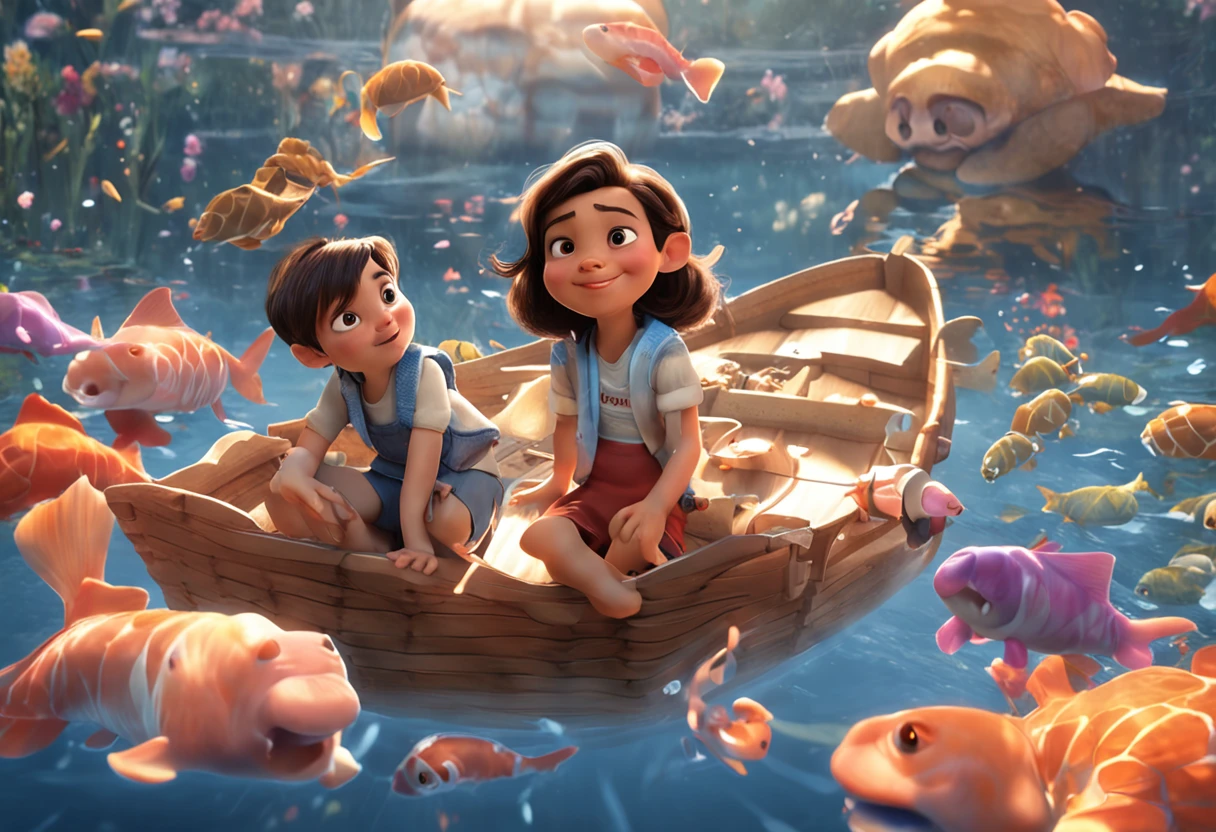 movie picture quality,Disney animation,Disney animated films,Little girl sitting on a koi swimming in the clouds of the sky,Short hair and small braids,Denim suspenders,The barefoot,depth of fields,high light,Real light,Ray traching,oc rendered,Hyper-realistic,best qualtiy,8K,Works of masters,super-fine,Detailed pubic hair,Correct anatomy,sharp focus on eyes,Bokeh,Facial features are carefully depicted