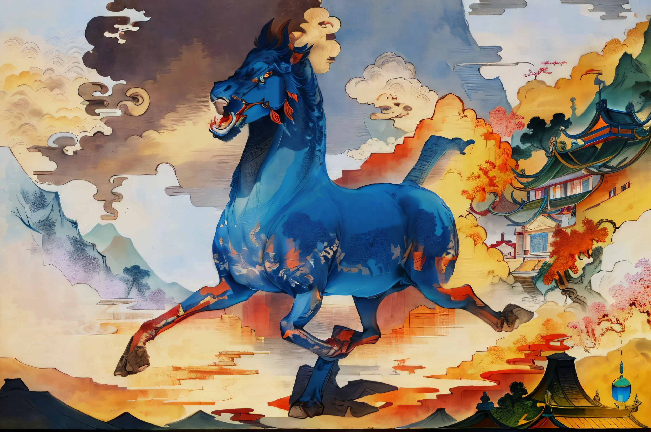 Use some elements, patterns and lines from Inner Mongolian costumes to create a painting。You can also add some intangible cultural heritage elements and patterns from Inner Mongolia.。With acrylic、Watercolor painting，There must be a composition，color，No characters，Rich color。No horse image，No horse limbs