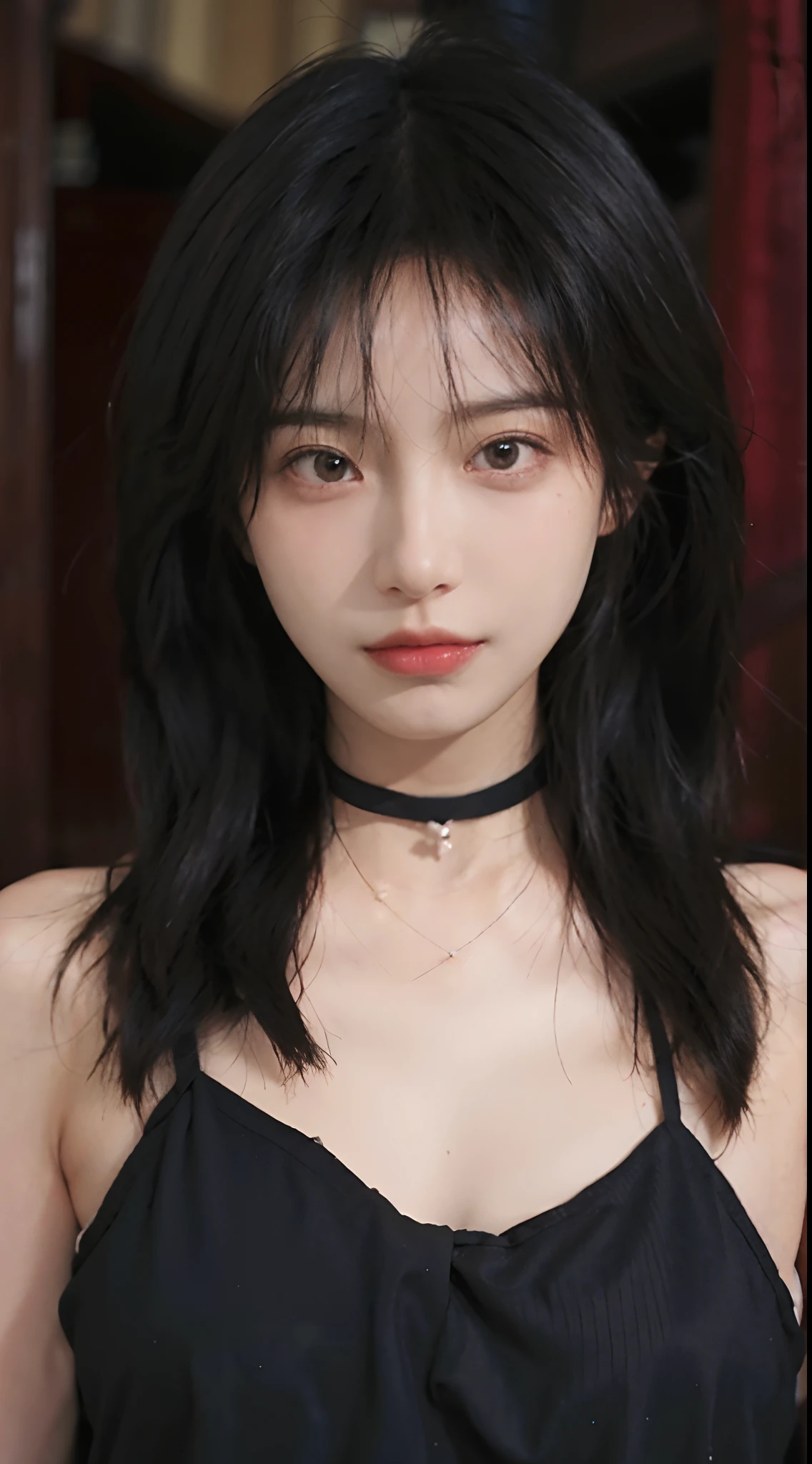 best qualtiy， 超高分辨率， （realisticlying：1.4），cute hairpin，1girll，Cropped black sweater ，head straight-looking at viewer，Full of atmosphere，Beautiful woman with a slim figure:1.4, Abs:1.1, 浴室,Ultra-fine face，Elaborate Eyes，二重まぶた，choker necklace