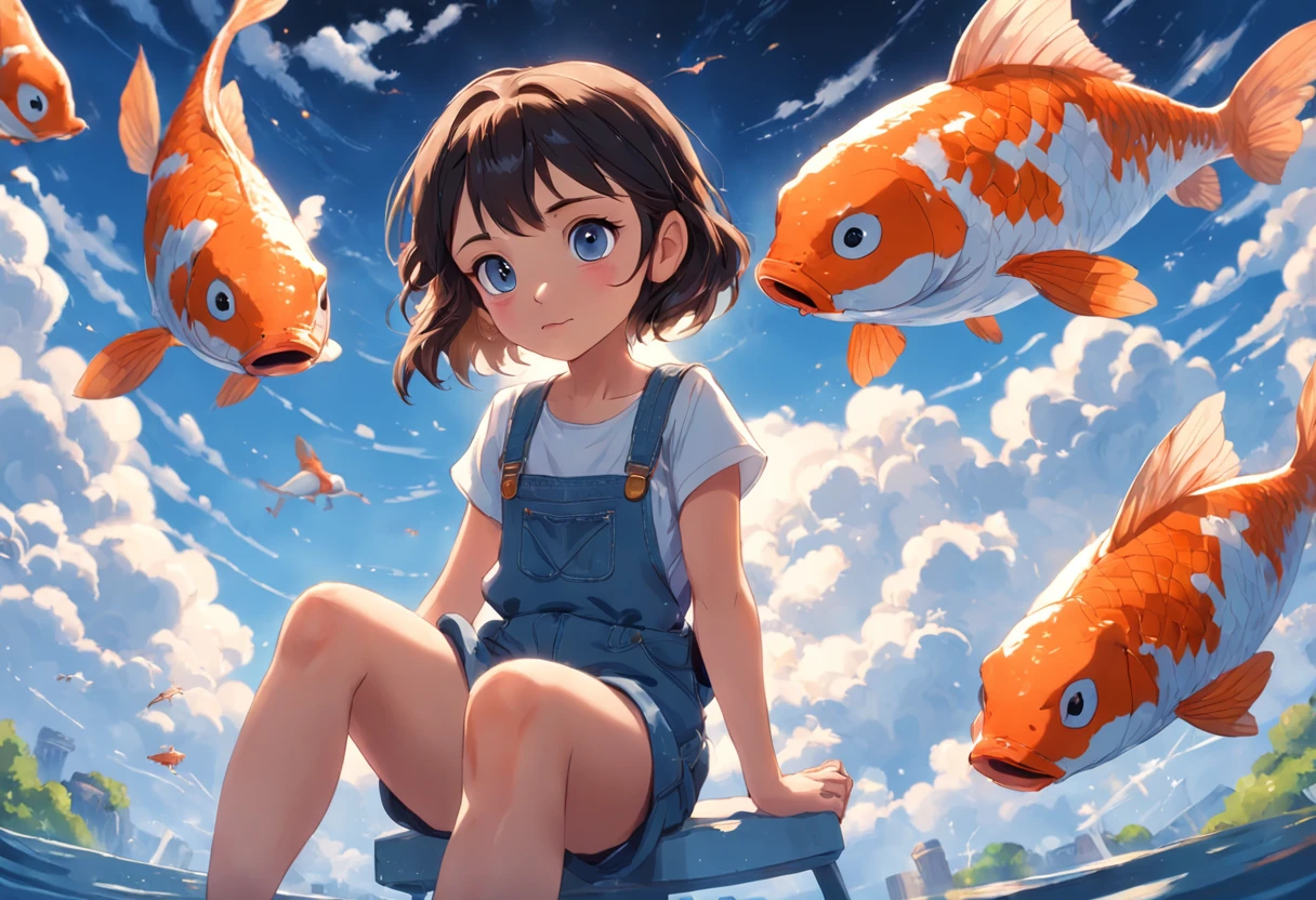movie picture quality,Disney animation,Disney animated films, girl sitting on giant koi flying in the sky,Thick clouds,Short hair and small braids,Denim suspenders,The barefoot,depth of fields,high light,Real light,Ray traching,oc rendered,Hyper-realistic,best qualtiy,8K,Works of masters,super-fine,Detailed pubic hair,Correct anatomy,sharp focus on eyes,Bokeh,Facial features are carefully depicted