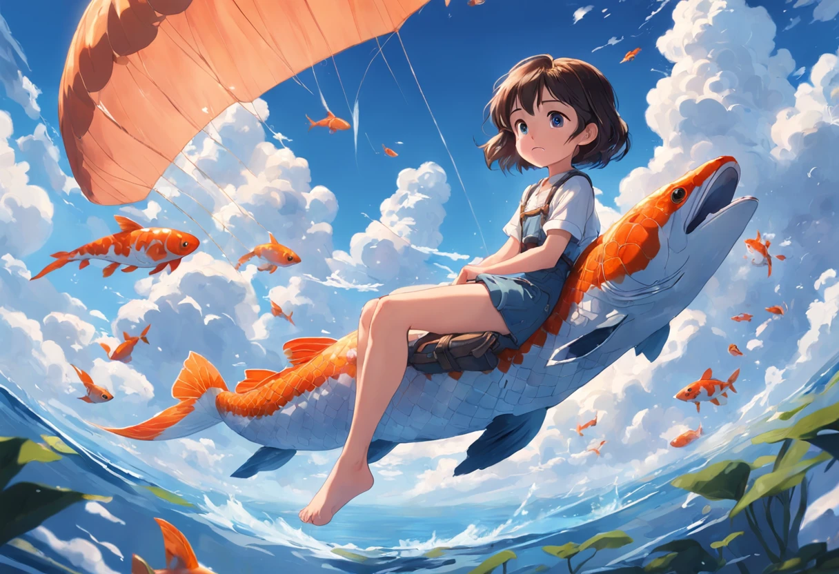 movie picture quality,Disney animation,Disney animated films, girl sitting on giant koi flying in the sky,Thick clouds,Short hair and small braids,Denim suspenders,The barefoot,depth of fields,high light,Real light,Ray traching,oc rendered,Hyper-realistic,best qualtiy,8K,Works of masters,super-fine,Detailed pubic hair,Correct anatomy,sharp focus on eyes,Bokeh,Facial features are carefully depicted