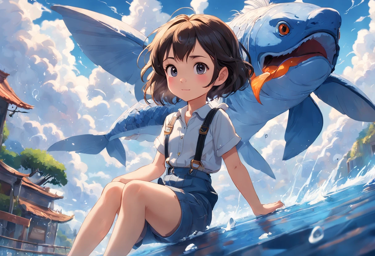 movie picture quality,Disney animation,Disney animated films, girl sitting on giant koi flying in the sky,Thick clouds,Short hair and small braids,Denim suspenders,The barefoot,depth of fields,high light,Real light,Ray traching,oc rendered,Hyper-realistic,best qualtiy,8K,Works of masters,super-fine,Detailed pubic hair,Correct anatomy,sharp focus on eyes,Bokeh,Facial features are carefully depicted