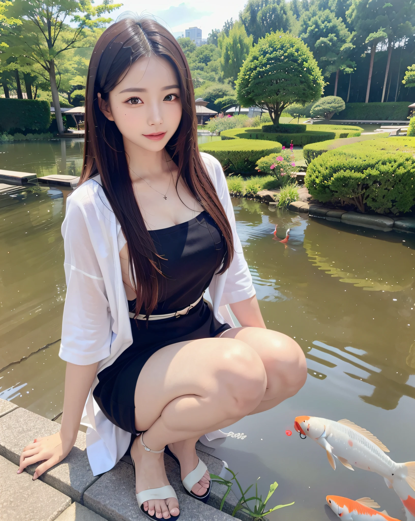 (Best quality, 8k, 32k, Masterpiece, UHD:1.2), (realistic:1.5), (masterpiece, Extremely detailed CG unity 8k wallpaper, best quality, highres:1.2), (ultra detailed, UHD:1.2), Photo of extremely cute and beautiful Japanese woman, (mahogany wavy thin hair:1.2), adult, (detailed beautiful girl:1.4), An illustration of a kimono woman feeding koi fish from the bank of a pond in a Japanese garden.

The stage of the illustration is a pond in a Japanese garden.
The pond is surrounded by lush green trees.
The water in the pond is crystal clear.
The koi fish in the pond come in many different colors, such as red, blue, and yellow.
I am squatting by the pond.
The woman is feeding the carp with a gentle smile.
Koi jump out of the water and chase around to grab food.

Women wear Japanese clothes.
Koi is a large Nishikigoi.
A carp is about to lick a woman's hand.
Make the trees around the pond look lush and swaying in the wind.
Draw the water in the pond so that it is clear and the koi fish are reflected in it.
Carp come in various colors and should be drawn as if they were swimming leisurely.
Draw the woman with a gentle smile and make her feed the carp.