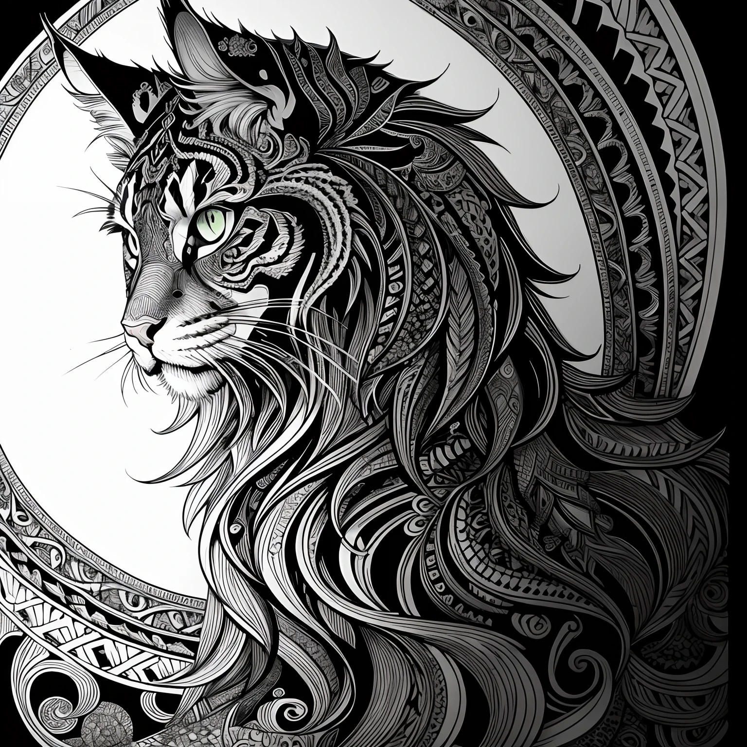 maincoon, black and white, zentangle (best quality) ultra-detailed, fine line drawing, fine line art, coloring book illustration style, intricate linework, highly detailed illustration, perfect composition, beautiful and stunning, dynamic angle, high contrast, incredible shading, incredible detail, unique style, black and white details, (dark and mystical atmosphere), intricate and detailed nature elements.