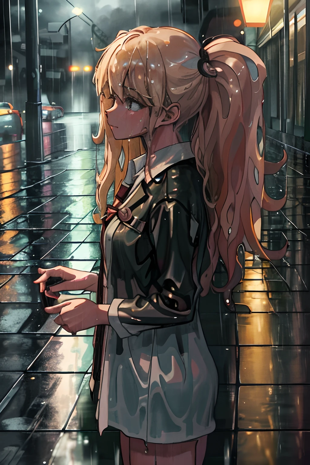 masterpeace, best quality, ((heavy rain)), (downpour, cloudburst), ((wet hair, wet body)), (girl's bottom), detailed skin, city street, evening, warm colors, (volumetric light, best shadows), reflections, highest quality