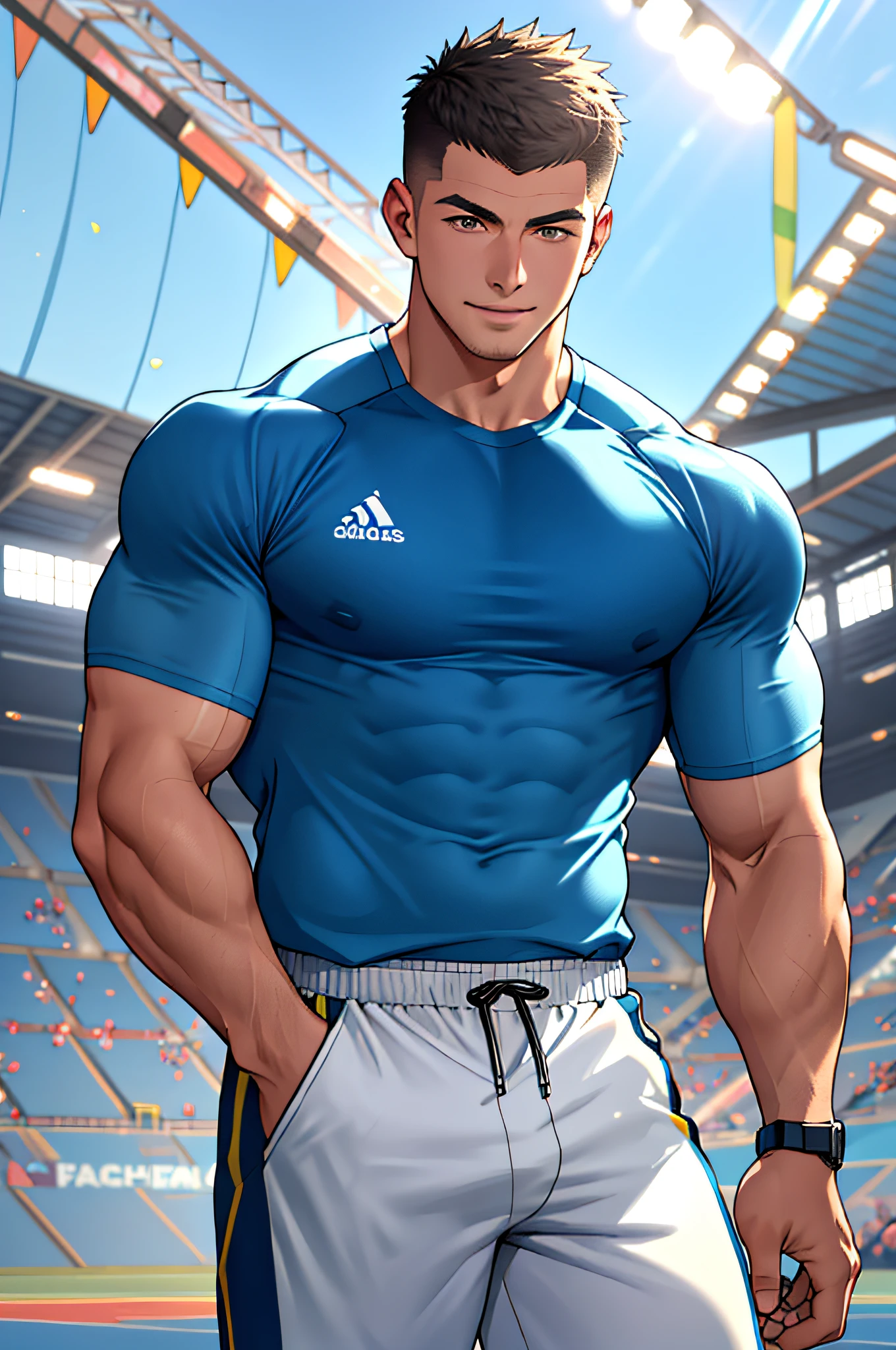 Draw a full-fledged athlete，Stand on the central field of the gym，He wears high-end sportswear，The man looks confident and determined，rays of sunshine，cheerful big breasts，Handsome，Crew cut，full bodyesbian，shooting from below，