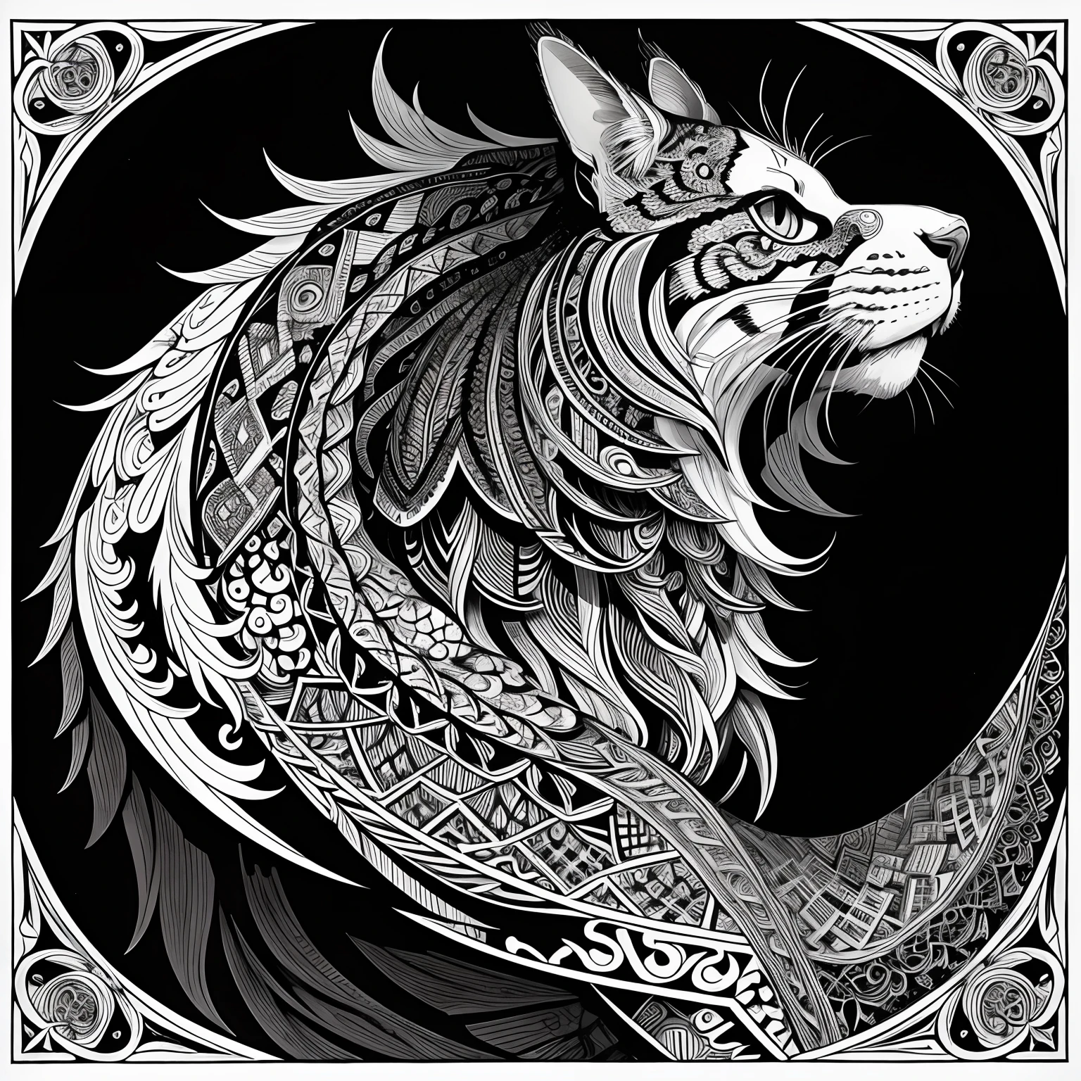 maincoon, black and white, zentangle (best quality) ultra-detailed, fine line drawing, fine line art, coloring book illustration style, intricate linework, highly detailed illustration, perfect composition, beautiful and stunning, dynamic angle, high contrast, incredible shading, incredible detail, unique style, black and white details, (dark and mystical atmosphere), intricate and detailed nature elements.