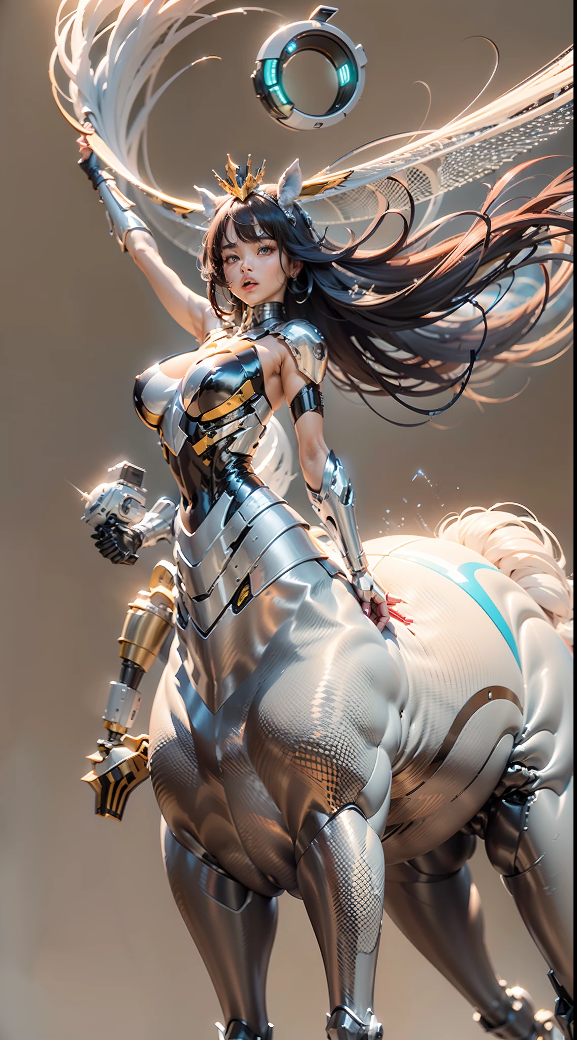 A female centaur,She is famous in the multiverse,She is both a female centaur, half human, half horse, half horse,It is also a female Yingzhao。She blends both images,The first is:((The head of the horse/neck/Shoulder these parts,Replaced with a beautiful female human upper body):9.9),of females are half-centaurs, half-horses, half-humans,The second is:((The head of the horse/neck/lower back/hason/gluteal/Shijo Thigh Female Embodiment):9.9),'s((Female half-horse with beautiful woman's):9.9,Chimer):9.9),(It's like a female human wearing a half-horse-like costume and making a seamless chimera:9.9),This chimerization is based on powerful futuristic technology。The ultra-wide-angle lens captures the image of her beautiful and ethereal wings on the ionosphere launching a super-high-speed charge and leaping。Her front half is distinctly feminine,Tall sexy body,possessed(K cup giant coconut tit chest:9.9),It has a small man's waist butterfly straddling(Long legs:9.9),The embedded interface of the half-horse part of the bent feminine state of the back half of the body is in the hip position。(The horse-shaped, half-horse torso form of her back body is completely female humanization9.9)。The chest cavity of a woman in the shape of a bent dog style embedded in the lower back position of the beautiful woman's body starting from the upper part of the sternum/lower back/Ventral transverse。Then there are the sexy beauty's upright hips,(Her entire body has been completely female and replaced by a female body:9.9),Including the half-horse part。Mechanized armor covers the legs with knee-shaped anti-joints and feet,And these parts are highly anthropomorphic,This makes her legs graceful and slender,Her four horse legs exploded in length proportions and was slender and toned,Under the legs are skinny white feet dressed in Skyscraper Heels,Use Midjourney's advanced stroke tools and color palettes, as well as texture packs, model packs, and texture tools,Concentration,Include all parts of her