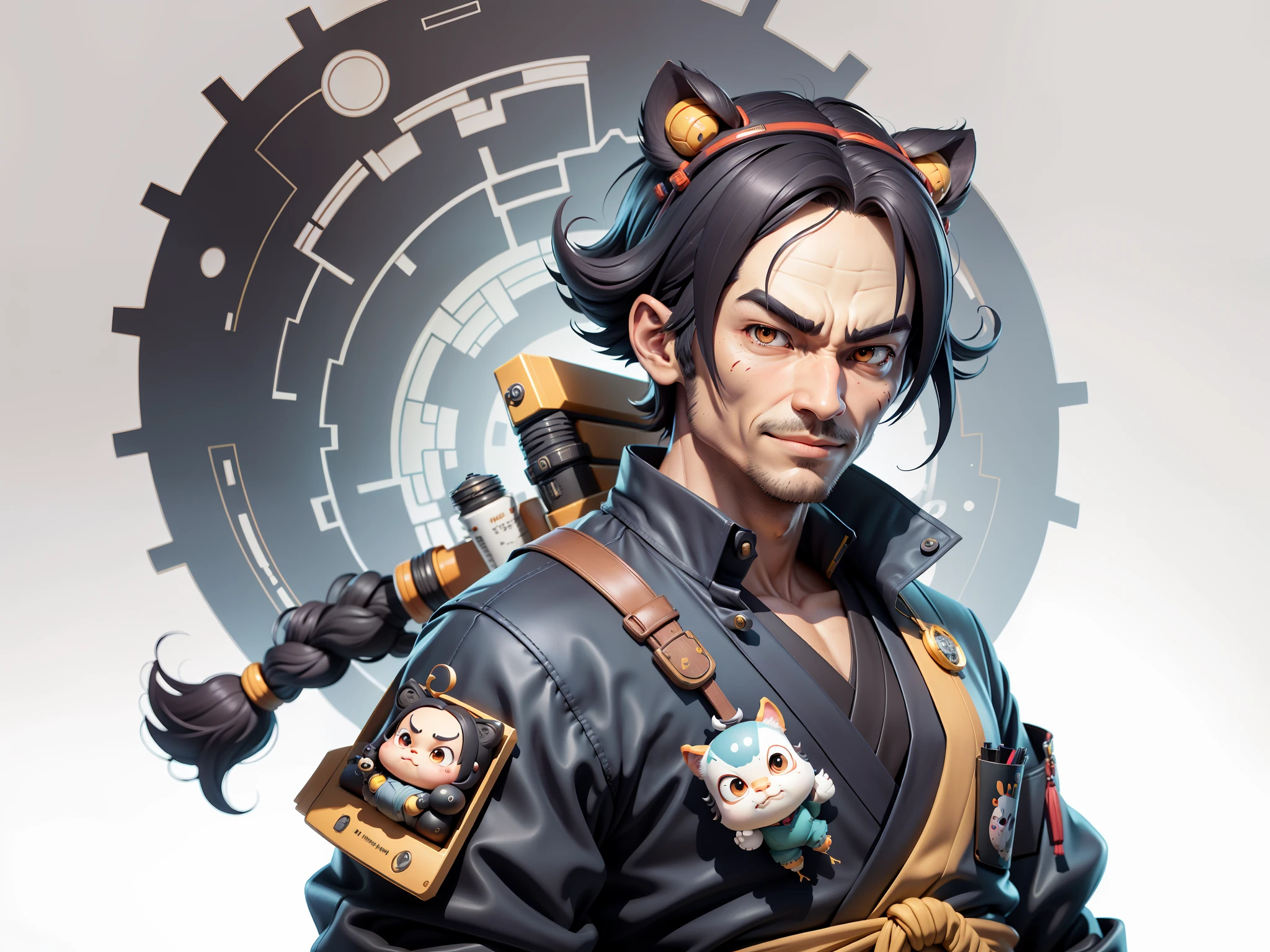 (Daisaku),(Need),(Super meticulous),(full bodyesbian:1.2),Super young man with Japanese geisha,Beautiful,orient,one tiger,Aeolian Thor,Raised sexy,爆乳,Oriental face,TV Anchor,Bust portrait illustration,In black suit,a blue tie,The face is slightly chubby,The face was clean,without a beard,Black super short hair,Black eyes,Smile confidently,3C computer sub-products,iPad, iphone,Digital painting,3D character design by Mark Clairen and Pixar and Hayao Miyazaki and Akira Toriyama,The illustration is a high-definition illustration in 4K resolution,With very detailed facial features and cartoon-style visuals。