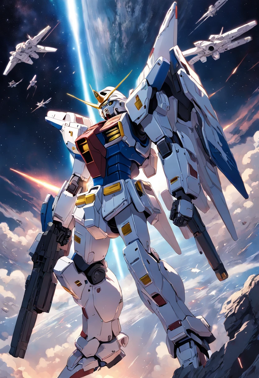 Incredibly detailed illustration of the combat position of Gundam wing in space, full bodyesbian, incredibily detailed, perfect shadow, Dynamic background, Ultra-realistic drawing style.