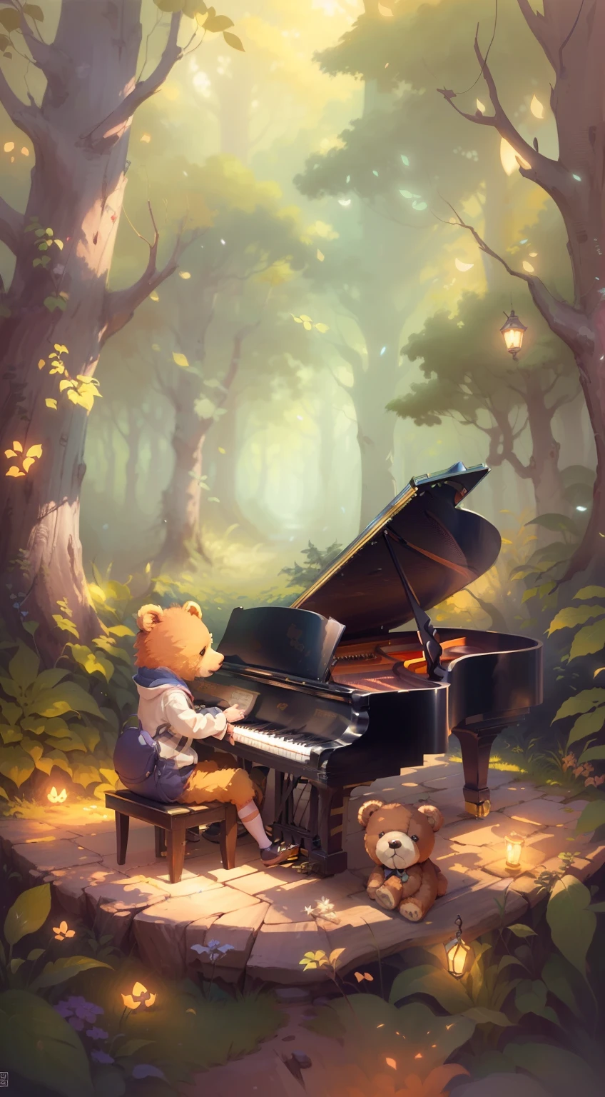 On a bench in the woods sits a piano and a teddy bear, Official artwork, Pianist, official fanart, Game illustration, piano, background artwork, Mobile game art, Detailed fanart, Relaxing concept art, playing harp in magical forest, musician, cute artwork, Play the piano, in style of atey ghailan, Fanart, Cute detailed digital art, Lofi art