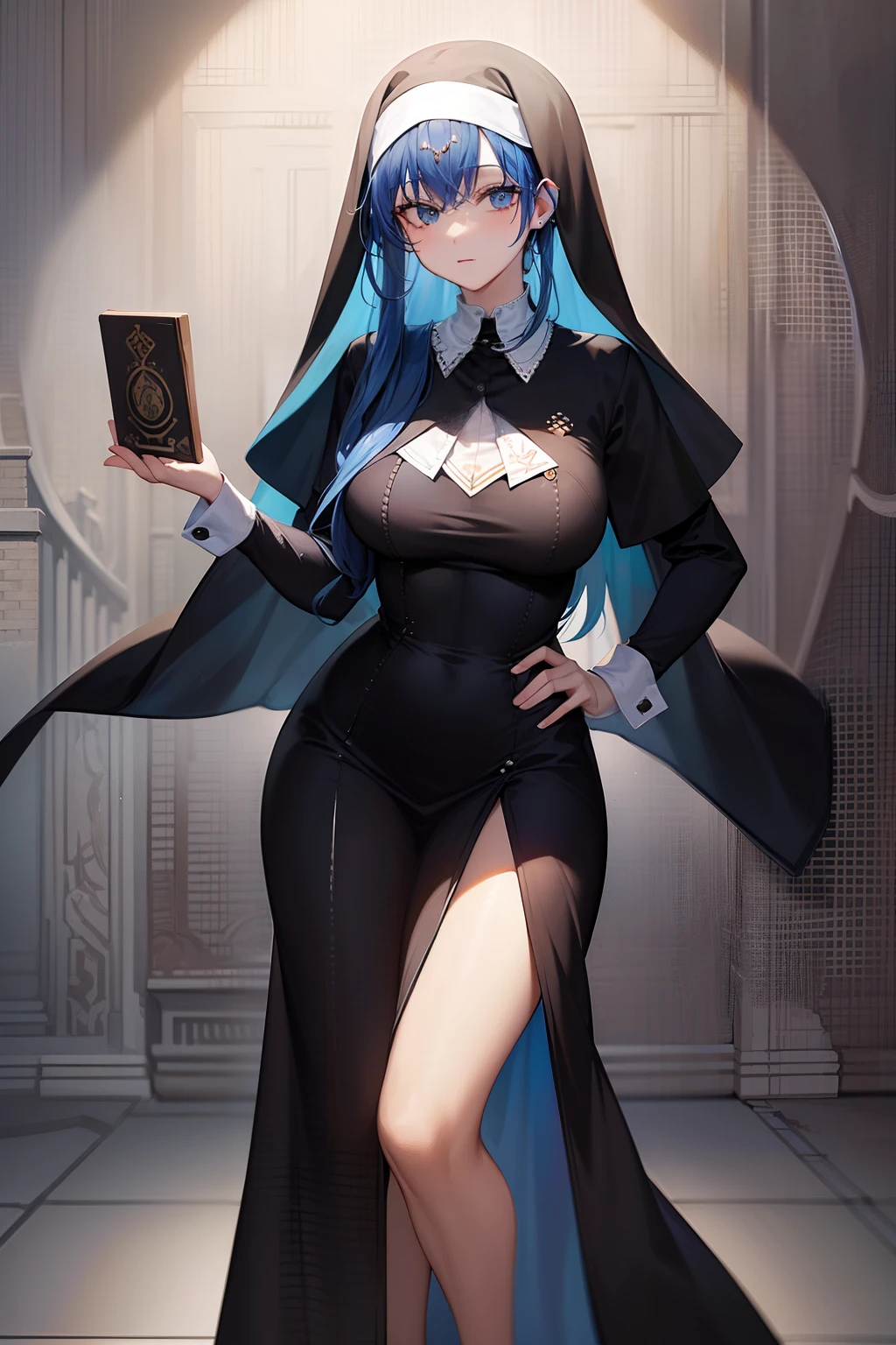 Masterpiece, high definition, nun, blue hair
