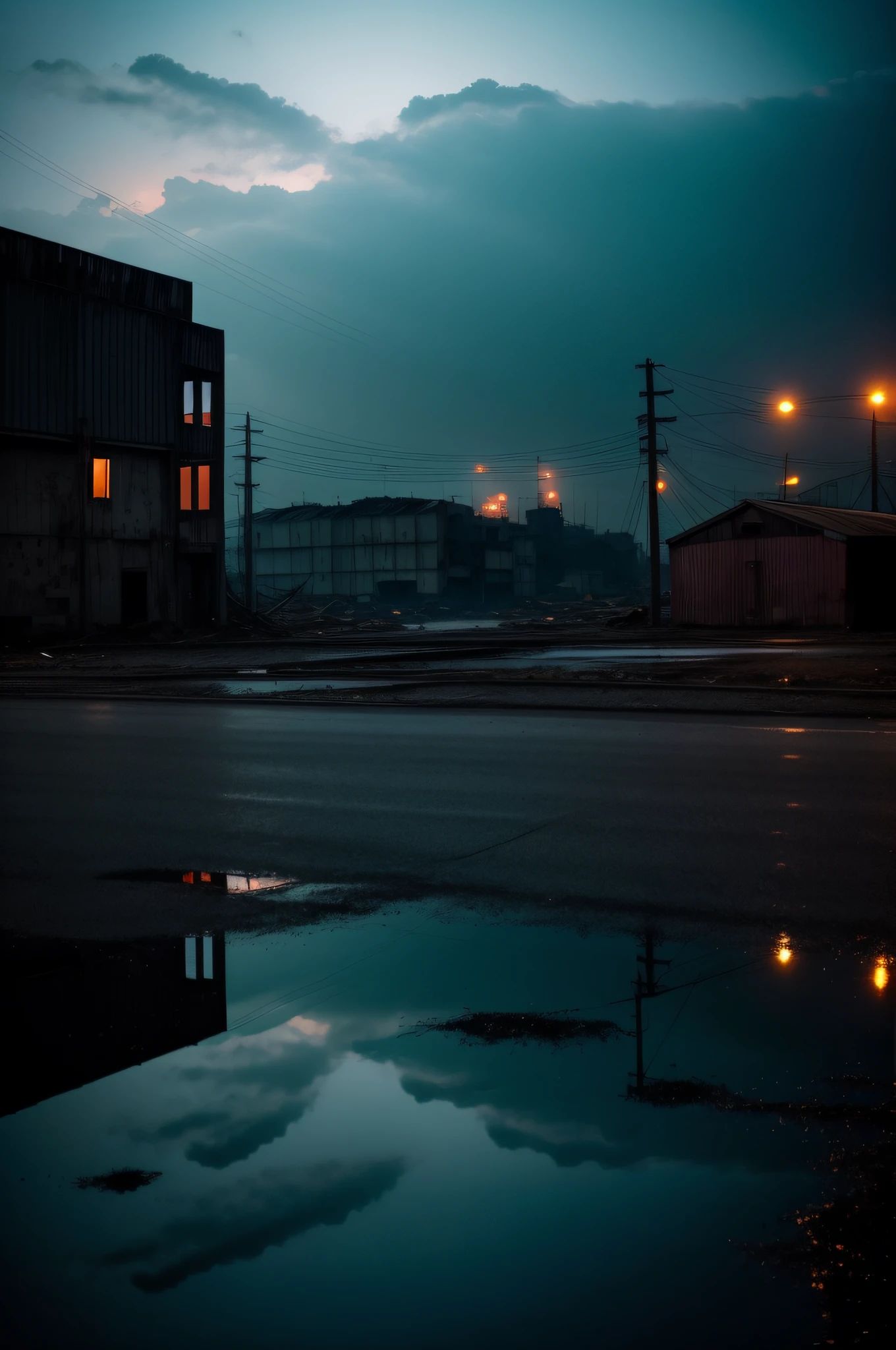 deep in the night、mid night、abandoned factory、Ruins、Only one light、Pink Lights、Clown silhouette、Foggy、reflection、Nostalgic but unsettling photos、Images in a dream、uneasy、horor、terrifying、desolate、Pretty dark image、Grainy photo、Film Touch、color photograph、wide angles、wide-angle lens, Wide Shot, ultra wide-angle、