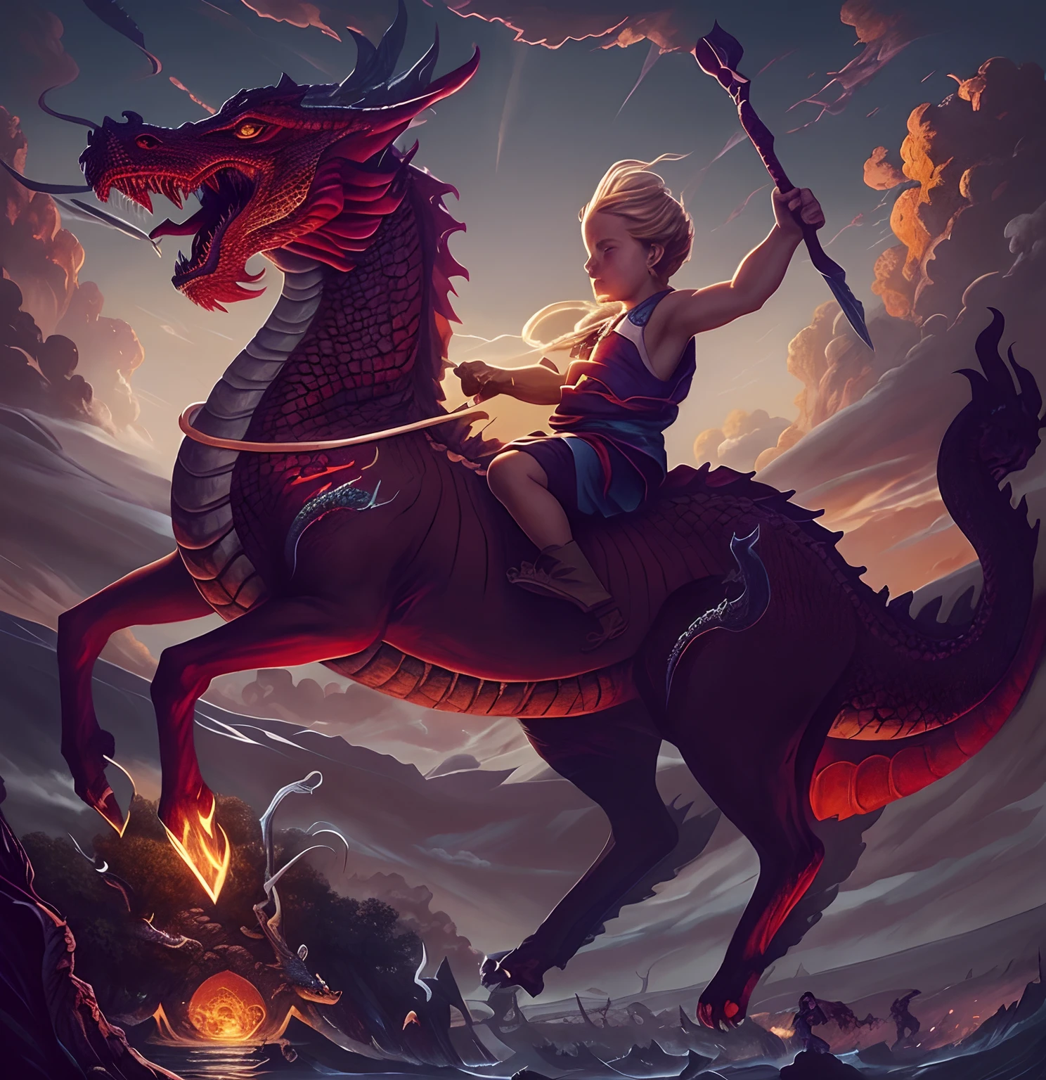 The boy rides a horse with a sword and a dragon...., evening,Dragon Rider, Dragon Ride, android jones and rhads, epic fantasy digital art style, teenage girl riding a dragon, Chubby vs Dragon. passenger, Children's art in art, Epic Fantasy Illustration, Jesus rides a dragon, by Adam Marczyński, digital painting greek mythology