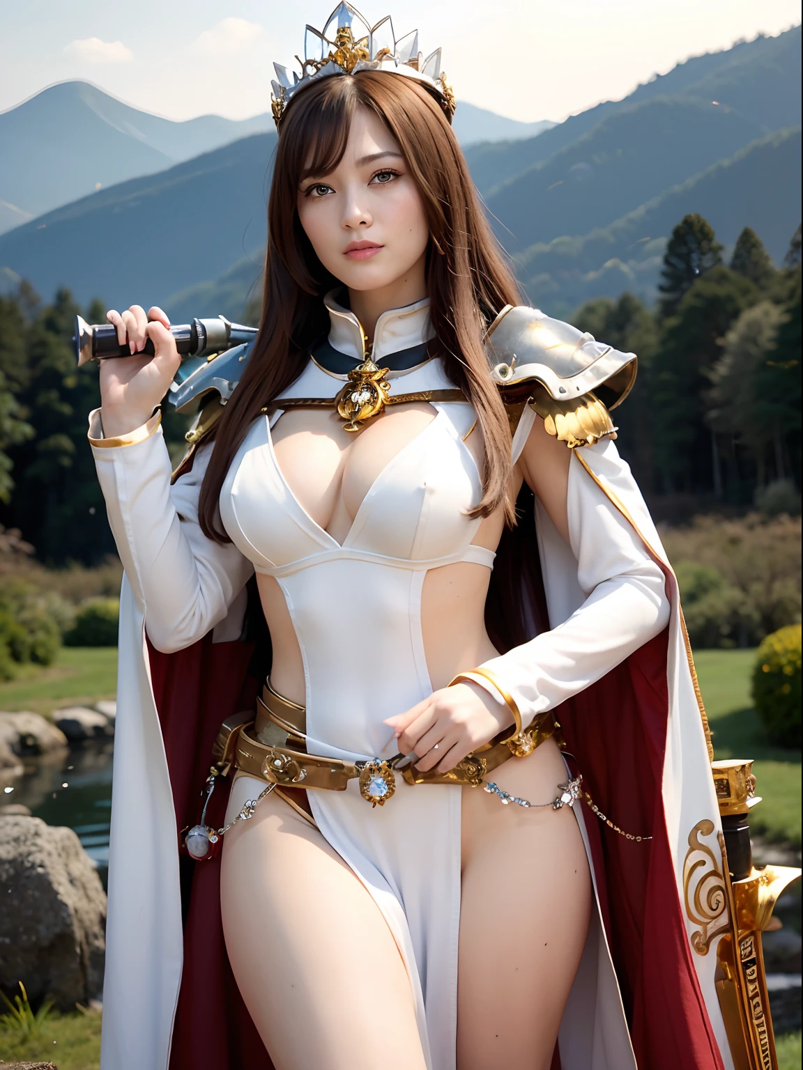Professional , masterpiece、top-quality、photos realistic , depth of fields (Gemstone Silver Metal Body:1.9),(Matte Silver、Jewel Gold Weapon、(Gorgeous castle background)、(Jewel White Metal Body:1.4),((Gorgeous Jewel Metal Weapons)) , ((Holding the Sword of Heroes)) ,(close-up,dream magical,tornado ) ,(Micro Bikini Armor),warhammer 40k , adepta sororitas,Detail and ornate jewel crown、Brown hair、(Gangle's forest background)、1a person、dynamic ungle,(((Diamond tiara with detail and luxury)))、a small face、A smile、Powerful poses、(Gorgeous castle background)、huge filesize、20 year old beautiful woman、Stand in the center of the screen、Thin female fingers、Straight long hair、Beautiful Caucasian beauty、Mystical expression、Lightly open your mouth、,Luminescent particles,light scattering,Tindall Effect、Fighting、japanes、