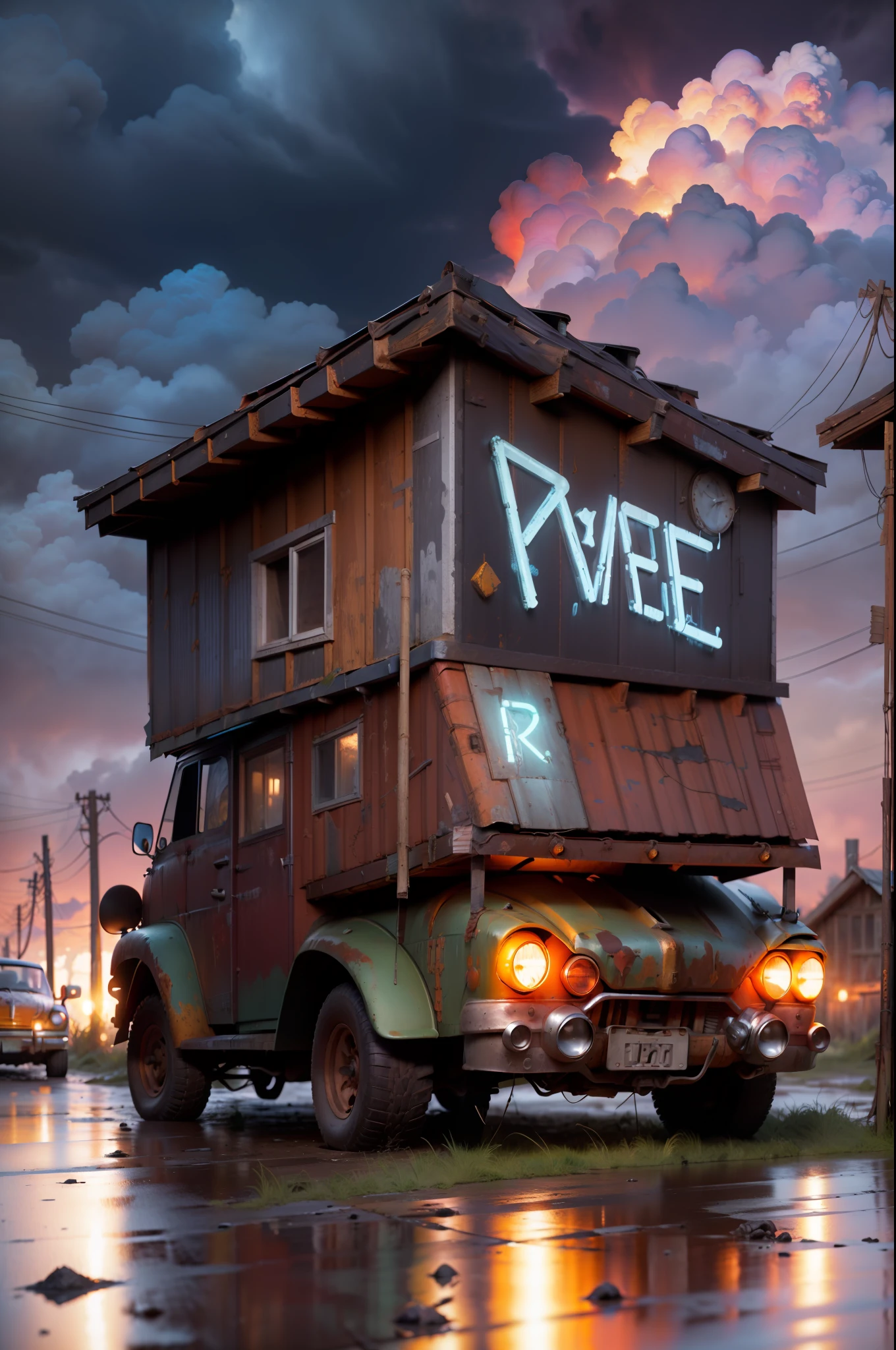 Rusty old cars on the block，In the background is a wooden shed with a sheet metal roof. author：pascal blanche, Neil Blevins, tomas kinkade, The apocalyptic palette, trending on artstationh, Photorealistic, neon atmosphere, Ultra detailed, High definition, Depth of field, Bokeh, rubble, Wild vegetation, building crumbling