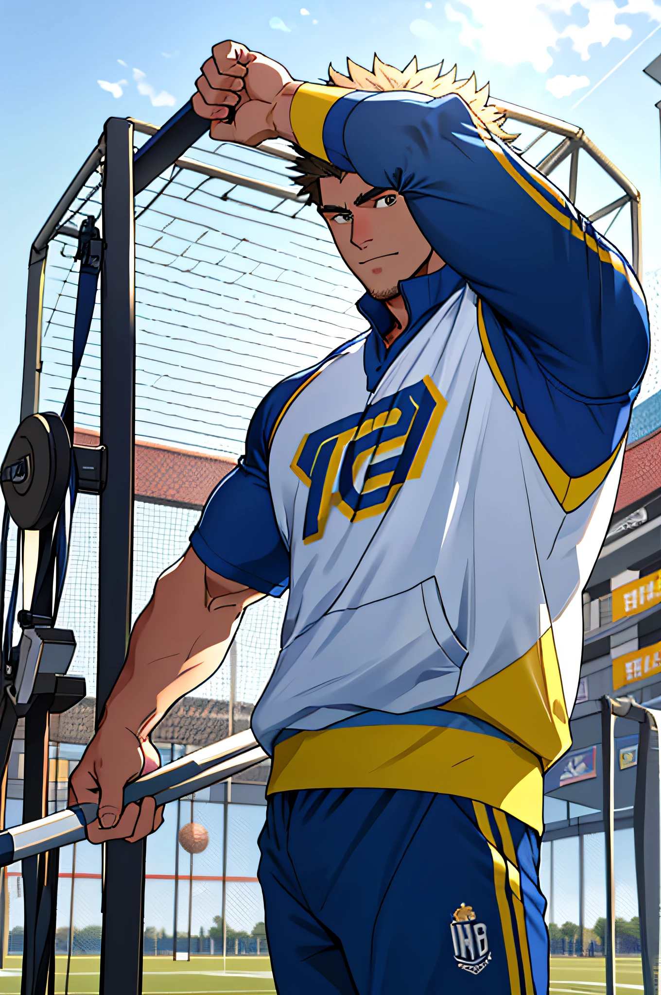 Draw a full-fledged athlete,Stand on the central field of the gym,He wears high-end sportswear,The man looks confident and determined,rays of sunshine,cheerful big breasts,Handsome,Crew cut,full bodyesbian,shooting from below,