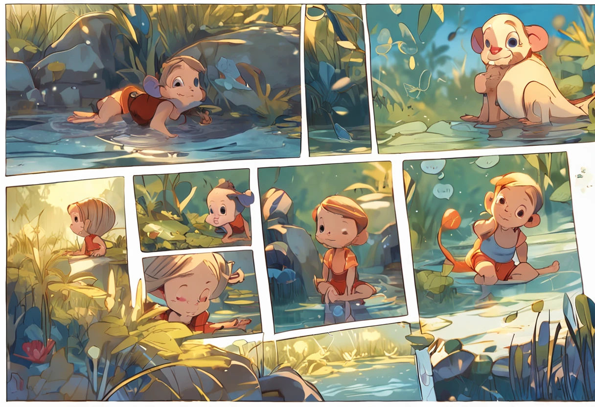 movie picture quality,Disney animation,Disney animated films,Little girl sitting on a koi swimming in the clouds of the sky,Short hair and small braids,Denim suspenders,The barefoot,depth of fields,high light,Real light,Ray traching,oc rendered,Hyper-realistic,best qualtiy,8K,Works of masters,super-fine,Detailed pubic hair,Correct anatomy,sharp focus on eyes,Bokeh,Facial features are carefully depicted